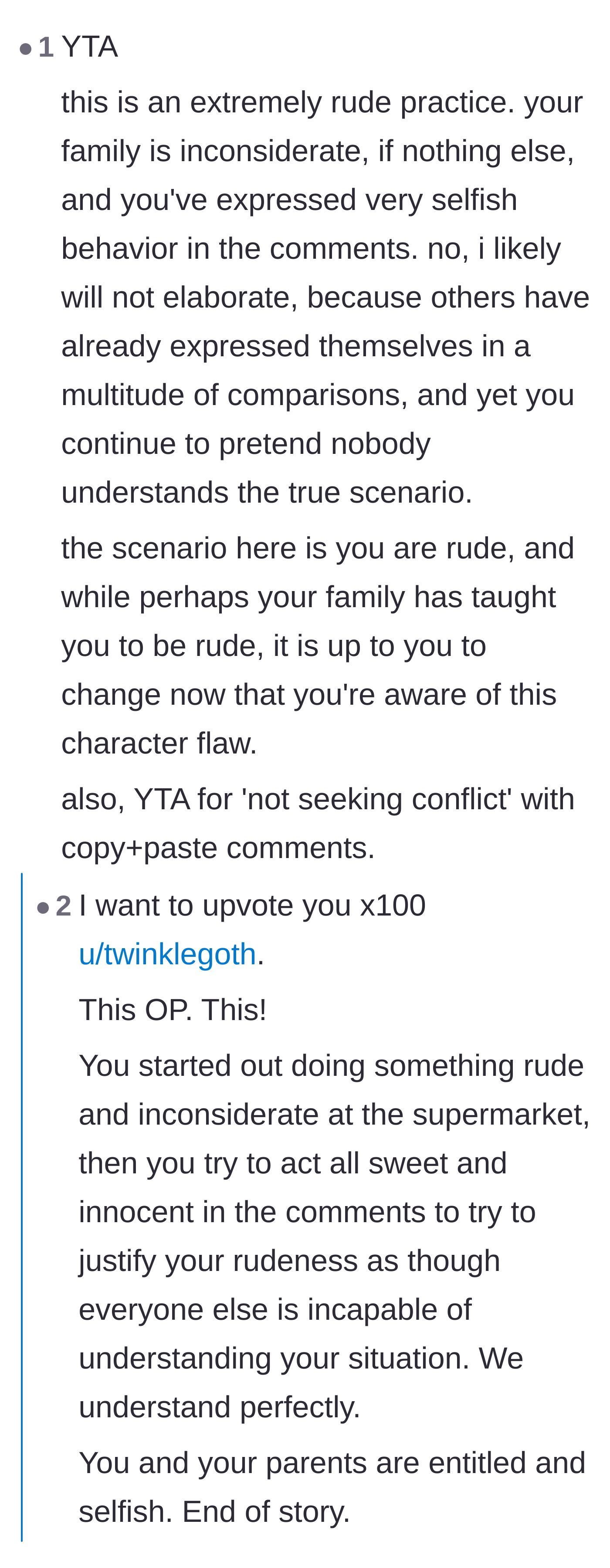 Comment thread 3 - Readers criticizing the family's normalized rude behavior and calling out the author's defensive replies in the comments.