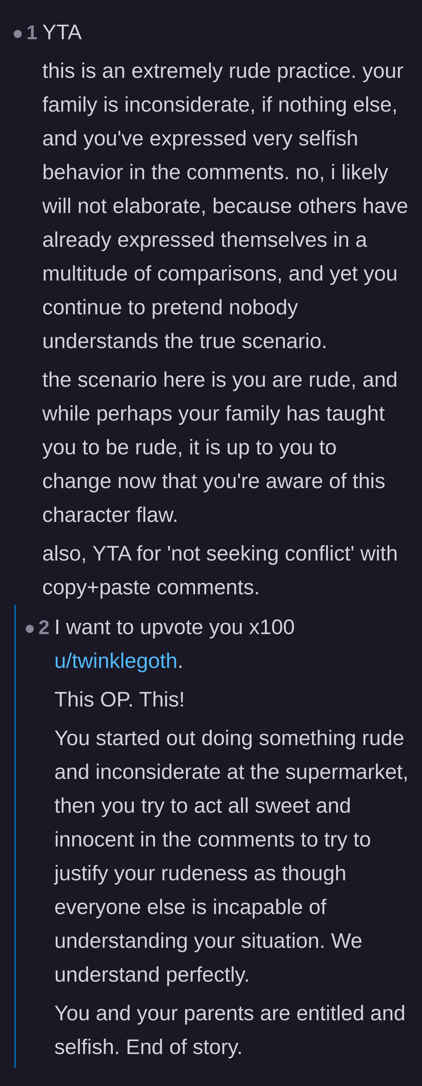 Comment thread 3 - Readers criticizing the family's normalized rude behavior and calling out the author's defensive replies in the comments.
