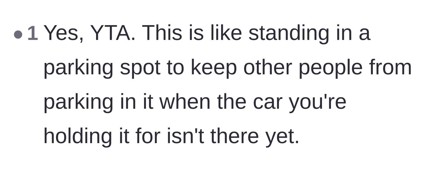Comment thread 4 - A short comment comparing standing in line without groceries to standing in an empty parking spot to save it for a car.