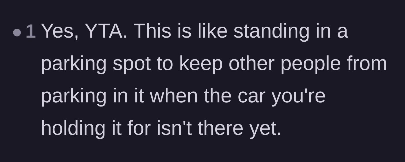 Comment thread 4 - A short comment comparing standing in line without groceries to standing in an empty parking spot to save it for a car.