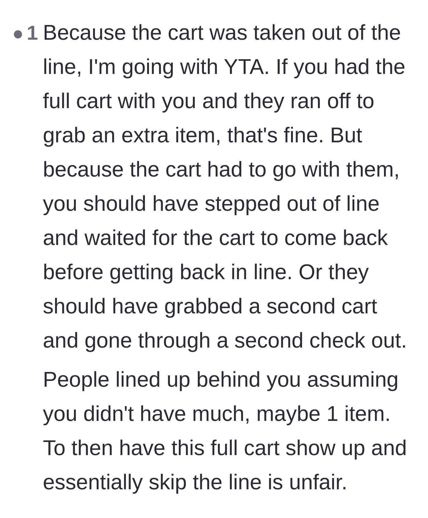 Comment thread 5 - A user explaining that leaving the cart in line is acceptable, but taking it away and returning with it later is completely unfair.