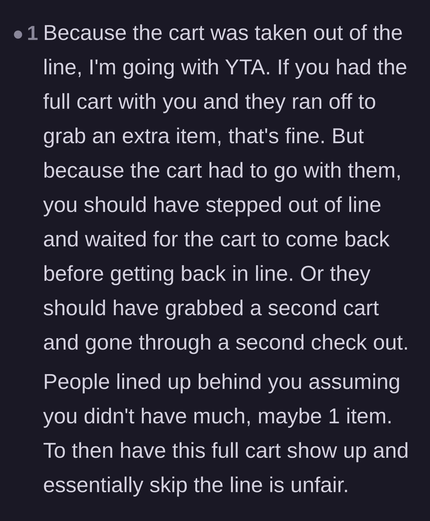 Comment thread 5 - A user explaining that leaving the cart in line is acceptable, but taking it away and returning with it later is completely unfair.