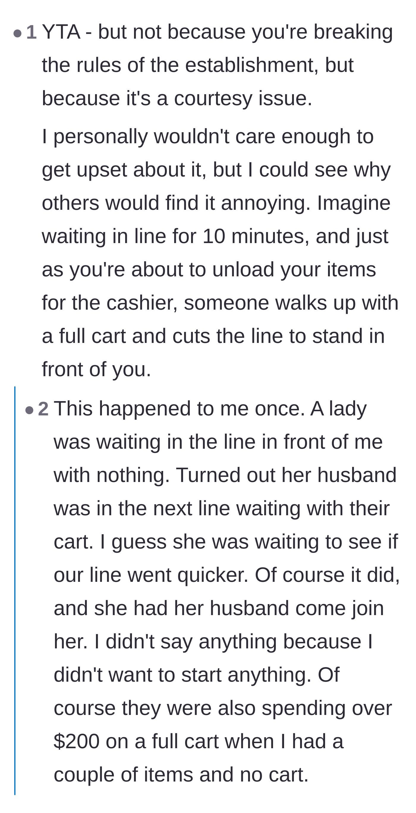 Comment thread 6 - A discussion about how line holding is a courtesy issue, featuring a frustrating personal story of line-jumpers coordinating lanes.