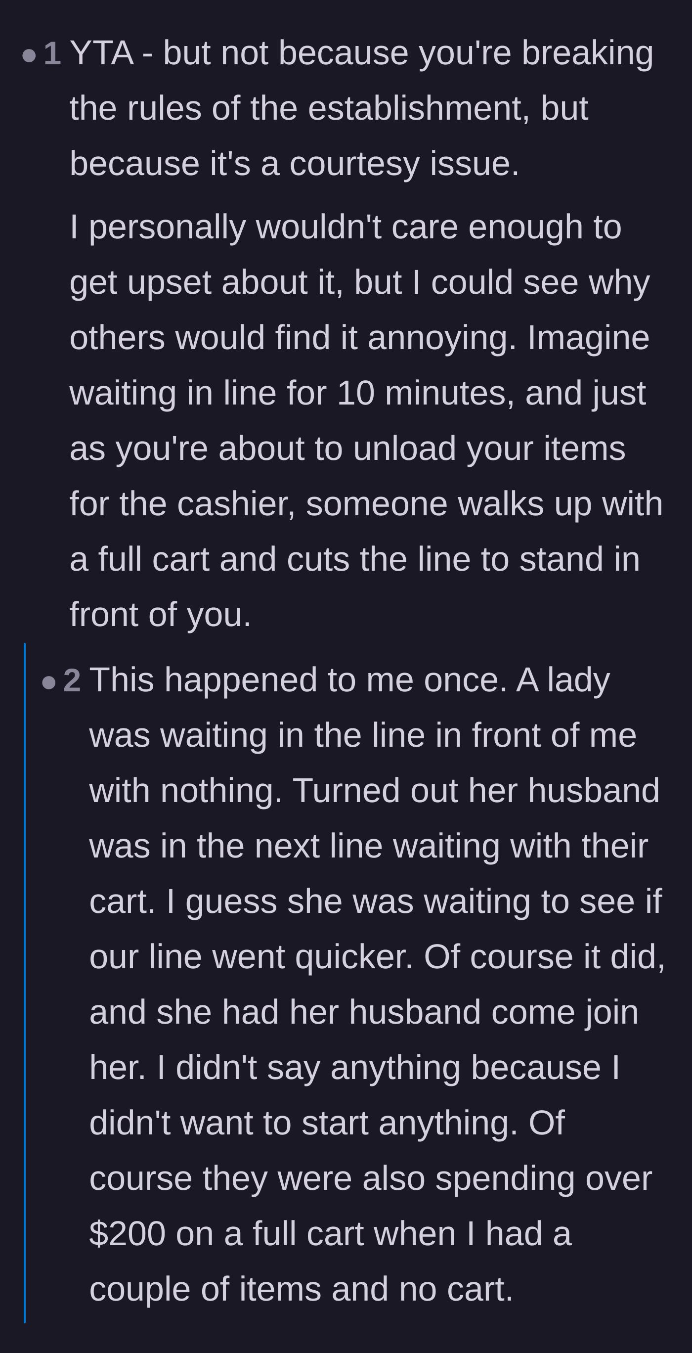 Comment thread 6 - A discussion about how line holding is a courtesy issue, featuring a frustrating personal story of line-jumpers coordinating lanes.