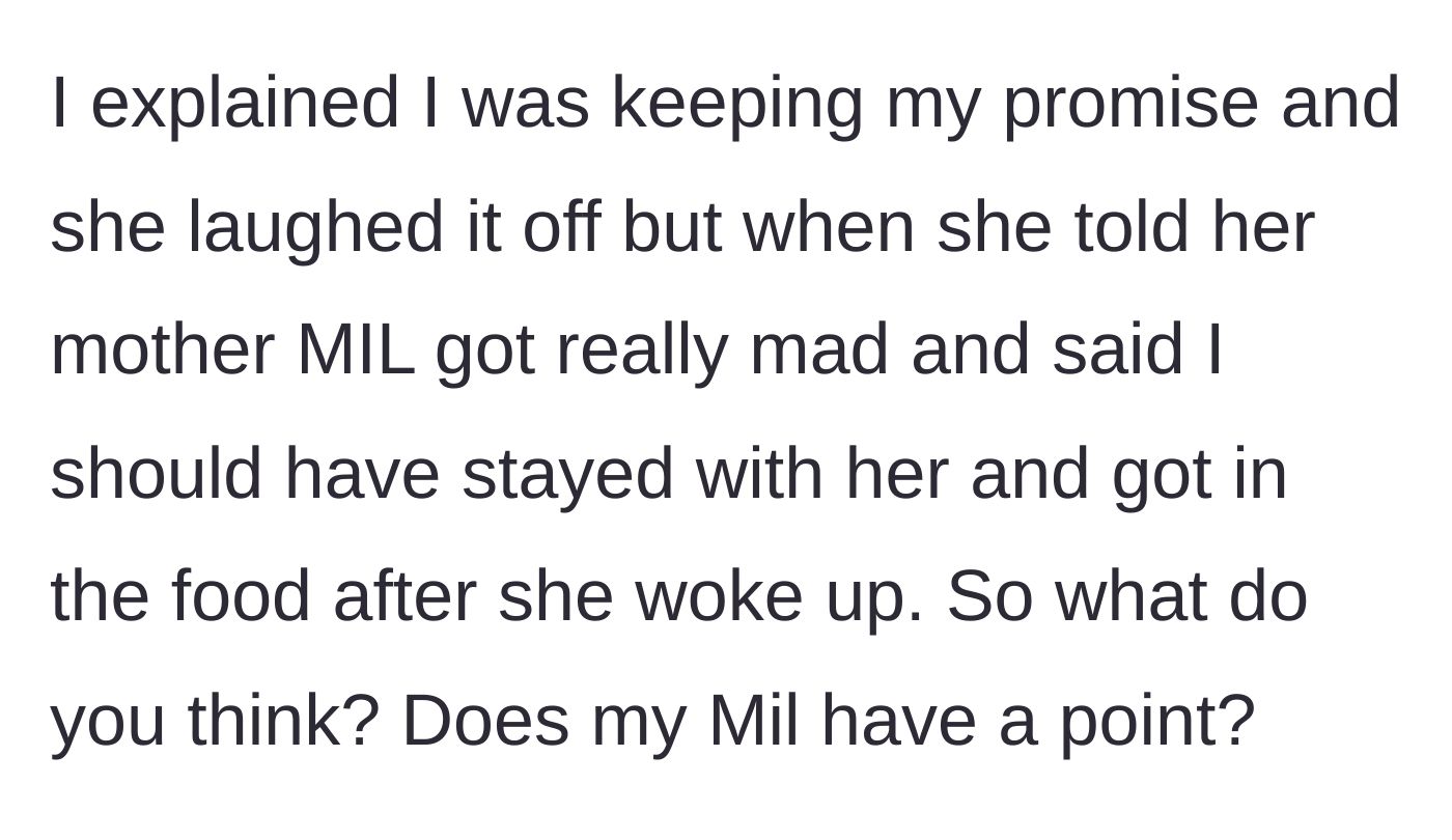 Story part 3 - Wife laughs off the misunderstanding with grace, but the Mother-In-Law becomes furious and holds a years-long grudge.