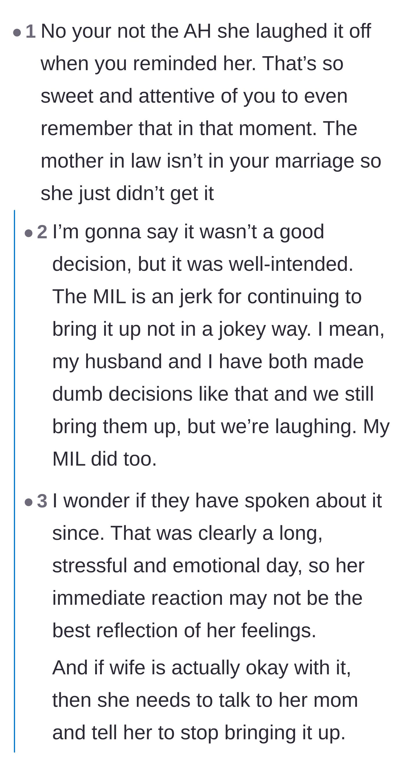 Comment thread 1 - Readers agree that the husband's intentions were pure and the mother-in-law is overstepping her bounds by holding a grudge.