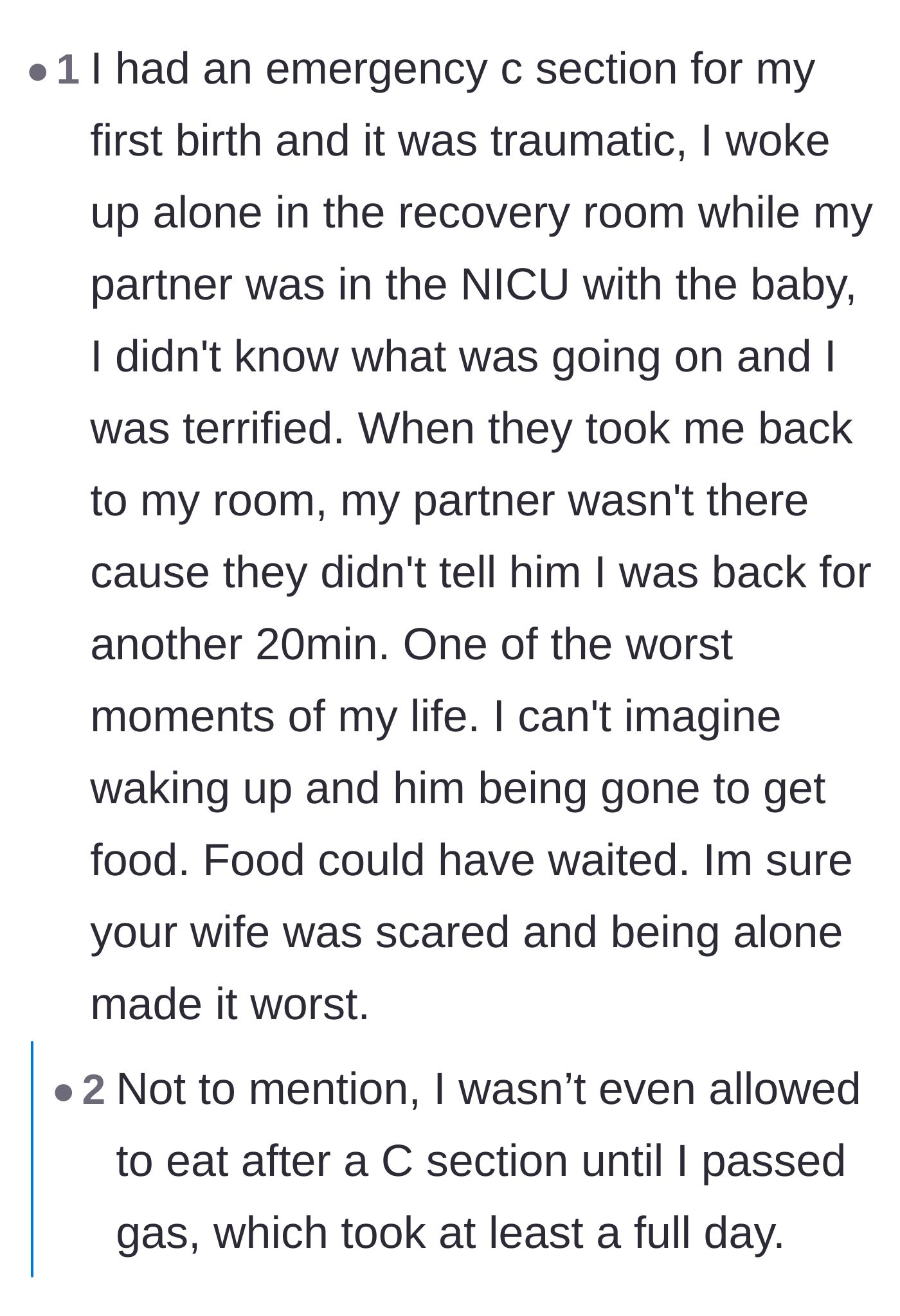 Comment thread 4 - Mothers sharing their own traumatic birth experiences and explaining why waking up alone in recovery is deeply terrifying.