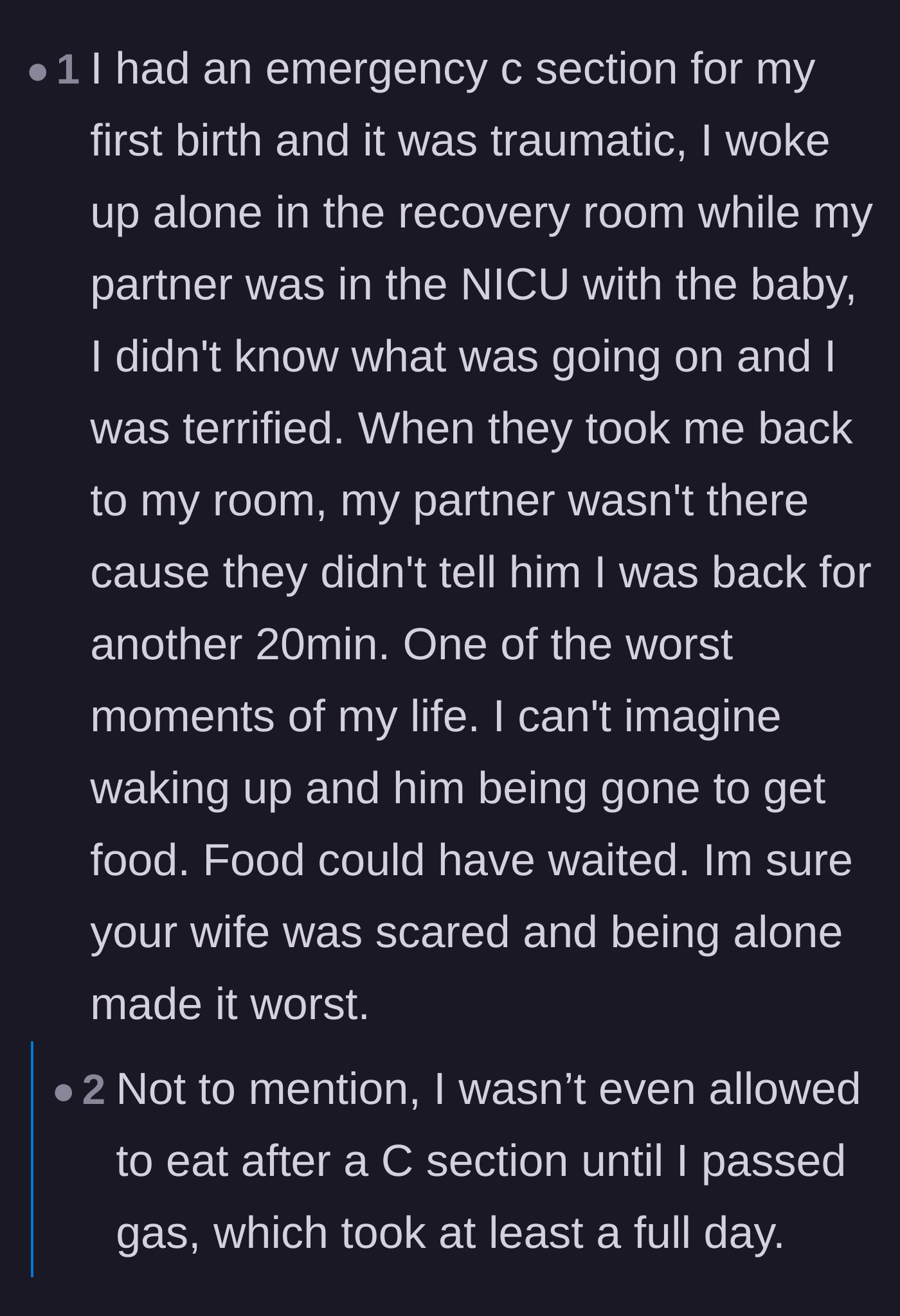 Comment thread 4 - Mothers sharing their own traumatic birth experiences and explaining why waking up alone in recovery is deeply terrifying.