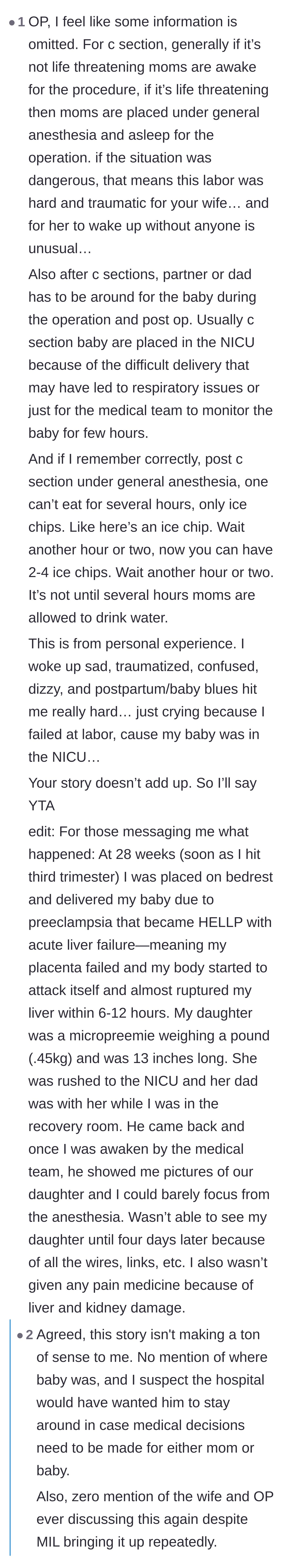 Comment thread 6 - Readers pointing out medical inconsistencies in the husband's story regarding hospital protocols for post-op eating and the baby's location.
