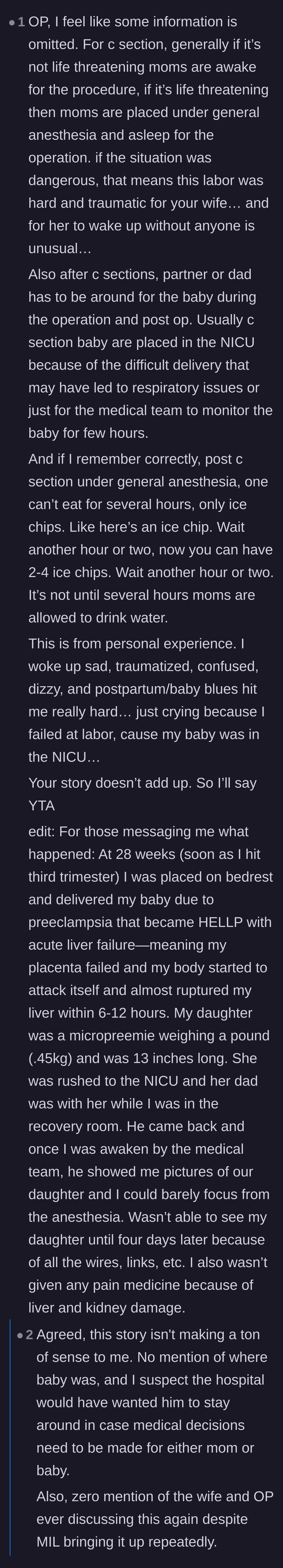 Comment thread 6 - Readers pointing out medical inconsistencies in the husband's story regarding hospital protocols for post-op eating and the baby's location.