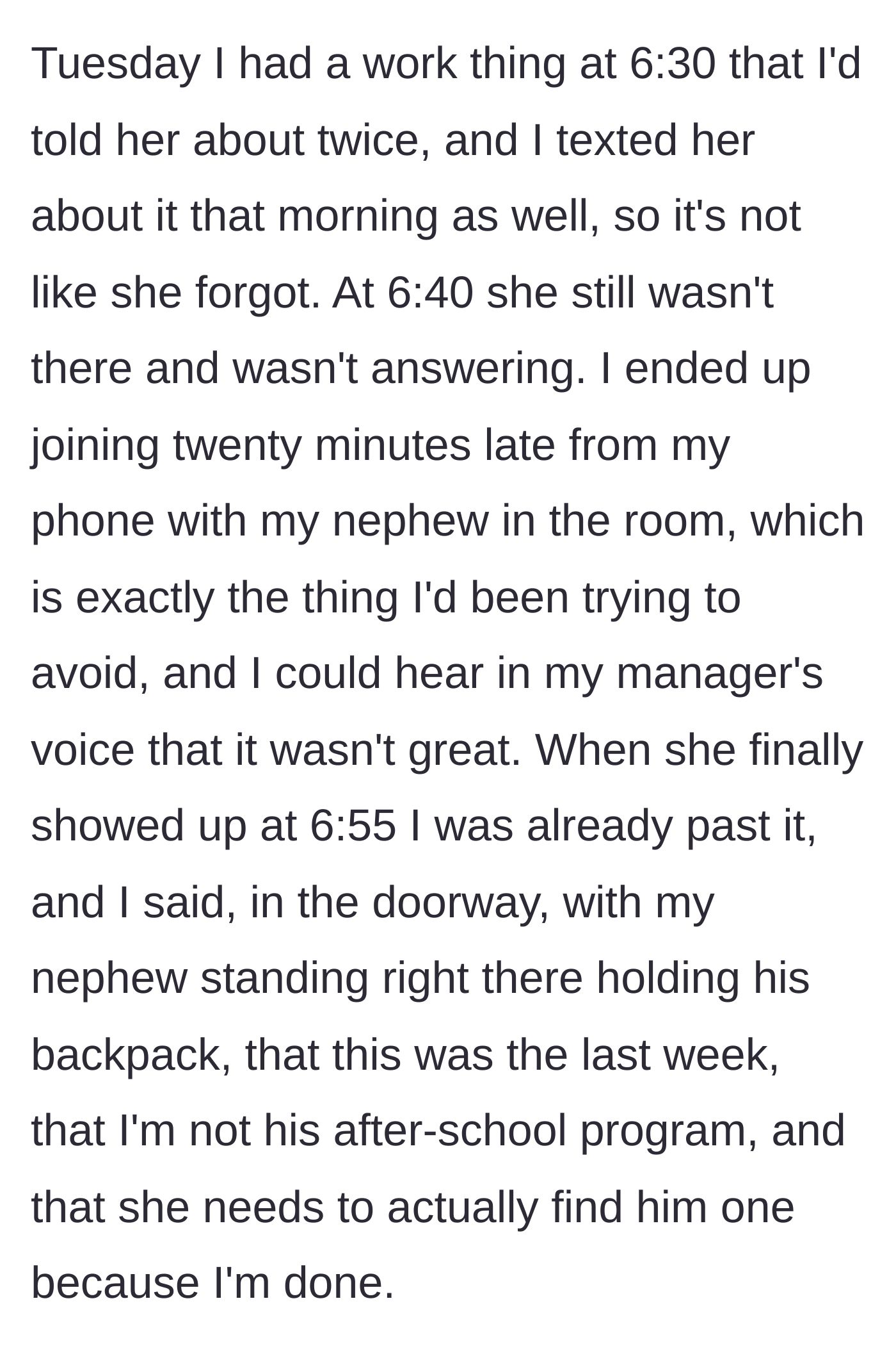 Story part 3 - Aunt snaps at the door after sister makes her miss an important work meeting.