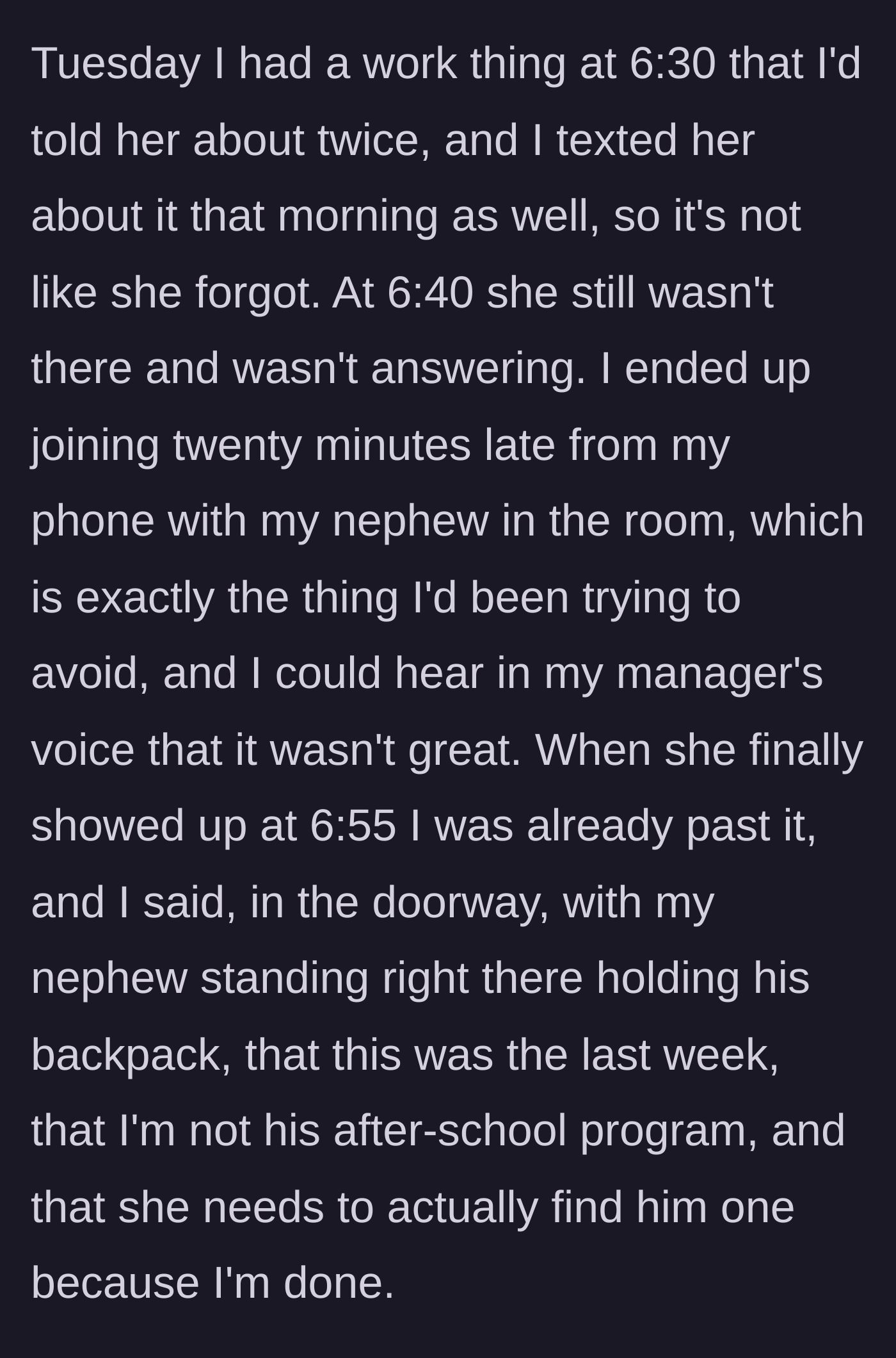 Story part 3 - Aunt snaps at the door after sister makes her miss an important work meeting.