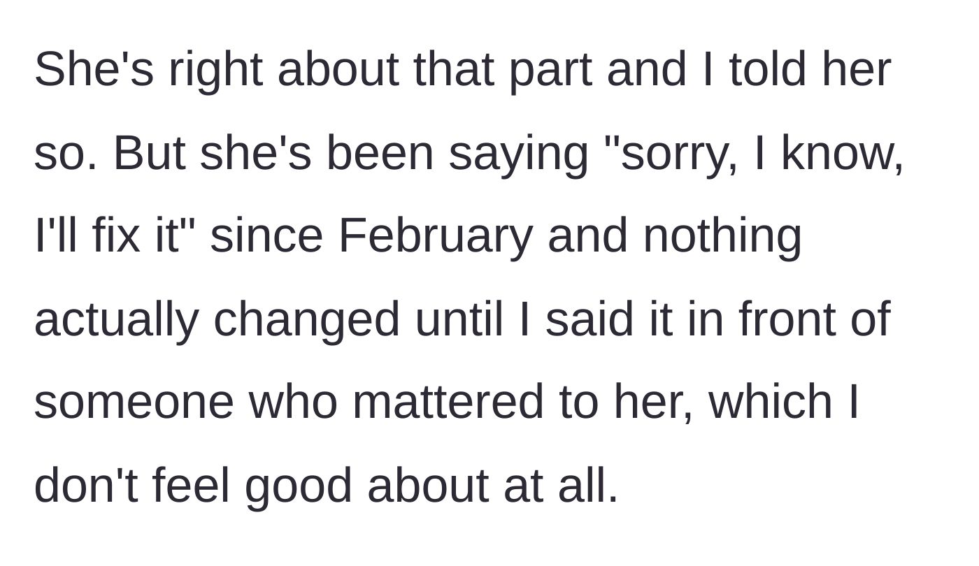 Story part 5 - Aunt admits the timing was bad but stands firm on the sister's failure to change.