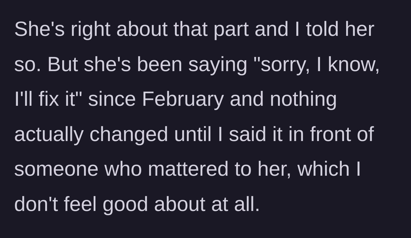 Story part 5 - Aunt admits the timing was bad but stands firm on the sister's failure to change.