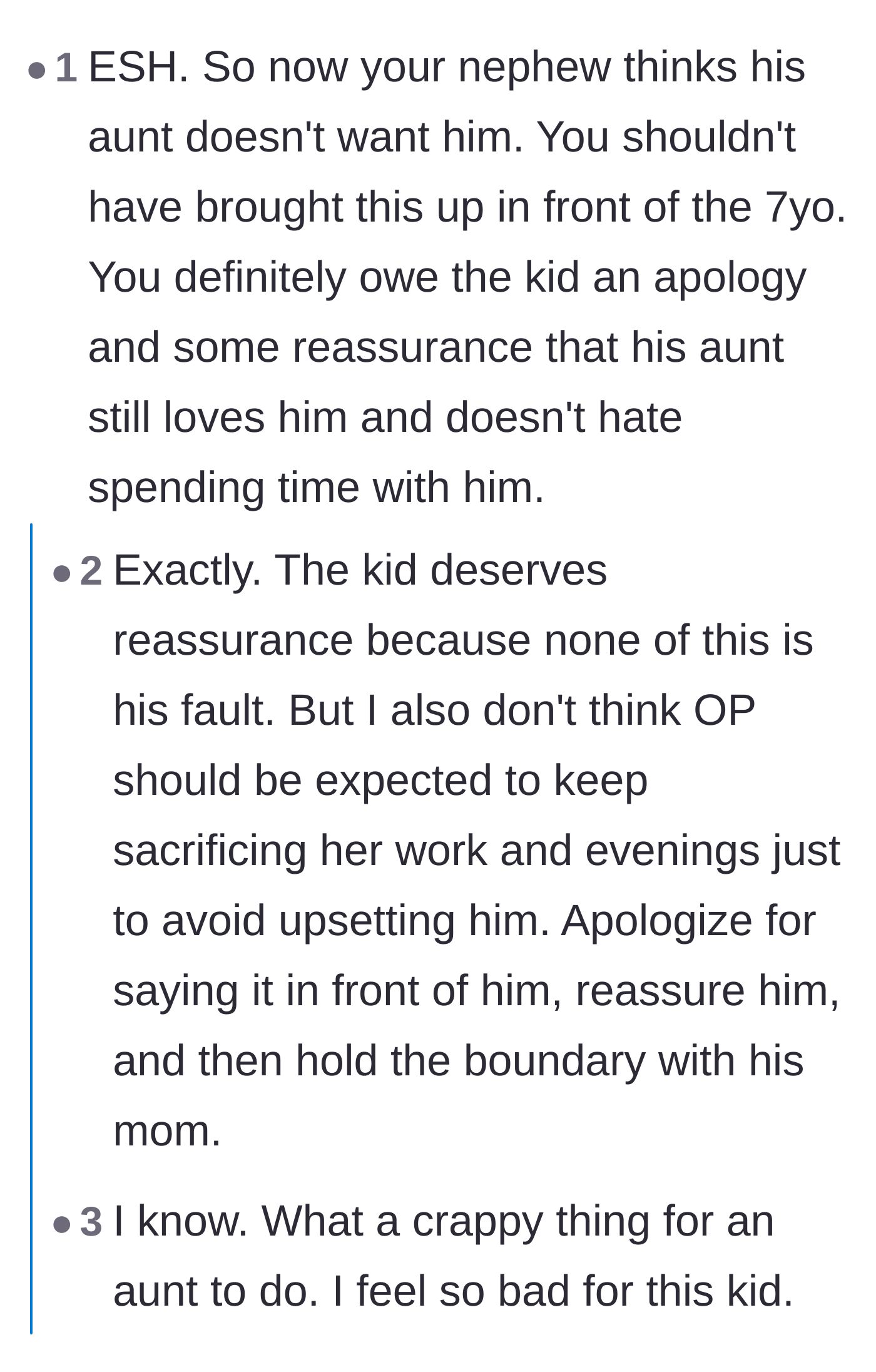 Comment thread 3 - Agreement that the aunt needs to reassure the nephew without backing down on her boundaries.