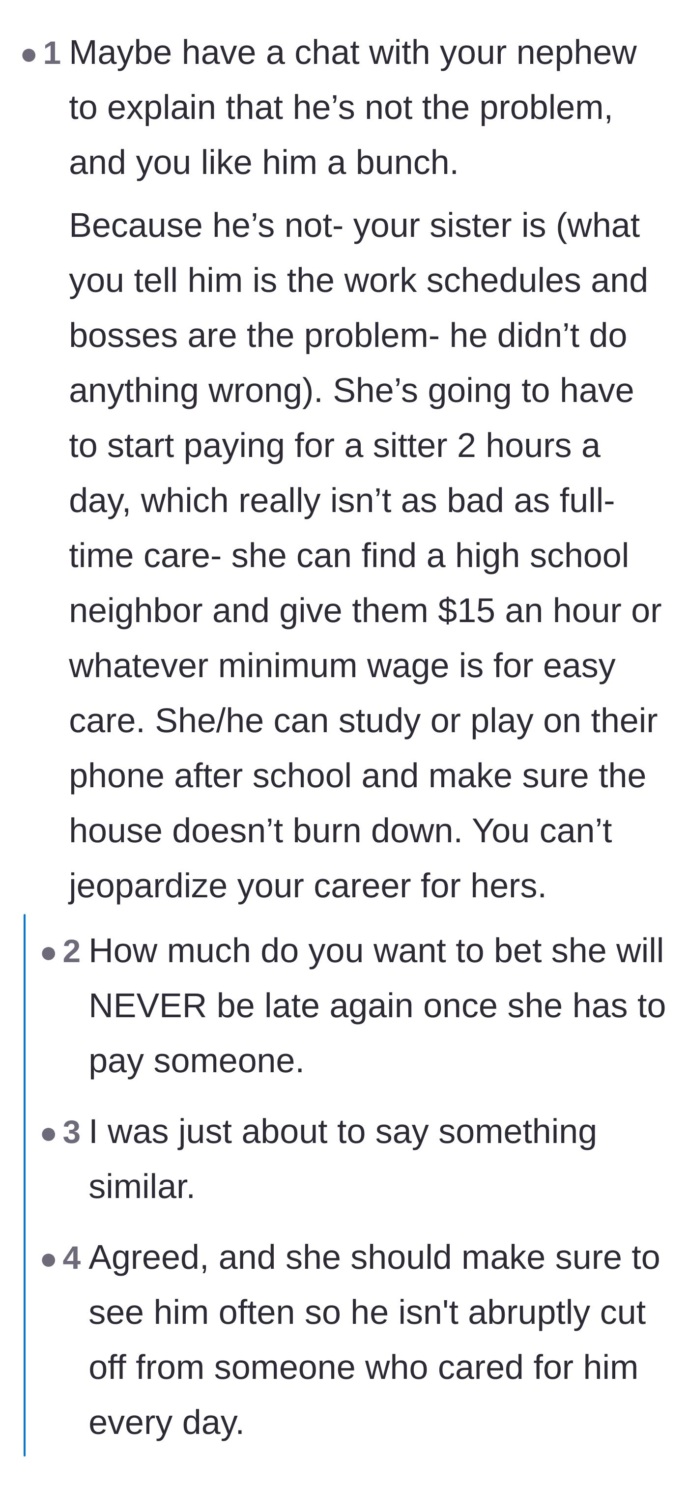 Comment thread 4 - A discussion on how professional childcare providers handle chronic lateness with strict financial penalties.