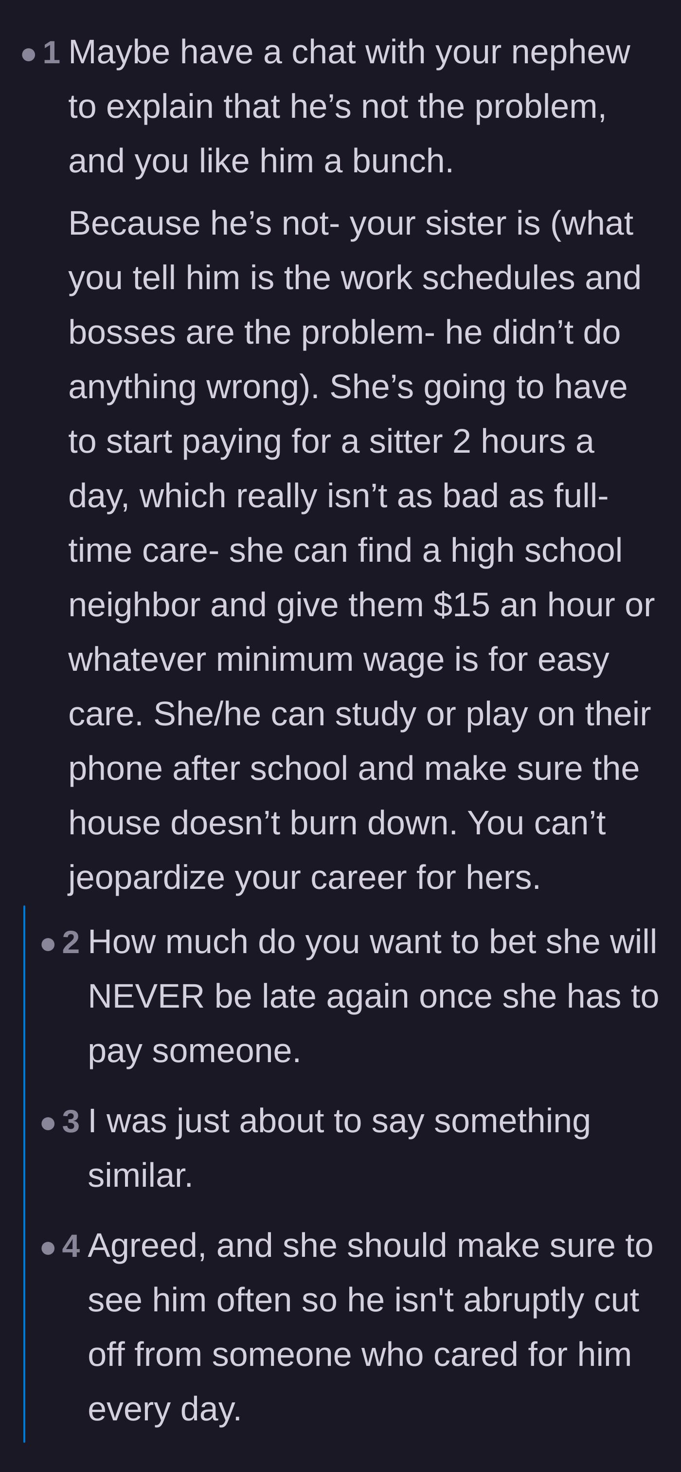 Comment thread 4 - A discussion on how professional childcare providers handle chronic lateness with strict financial penalties.