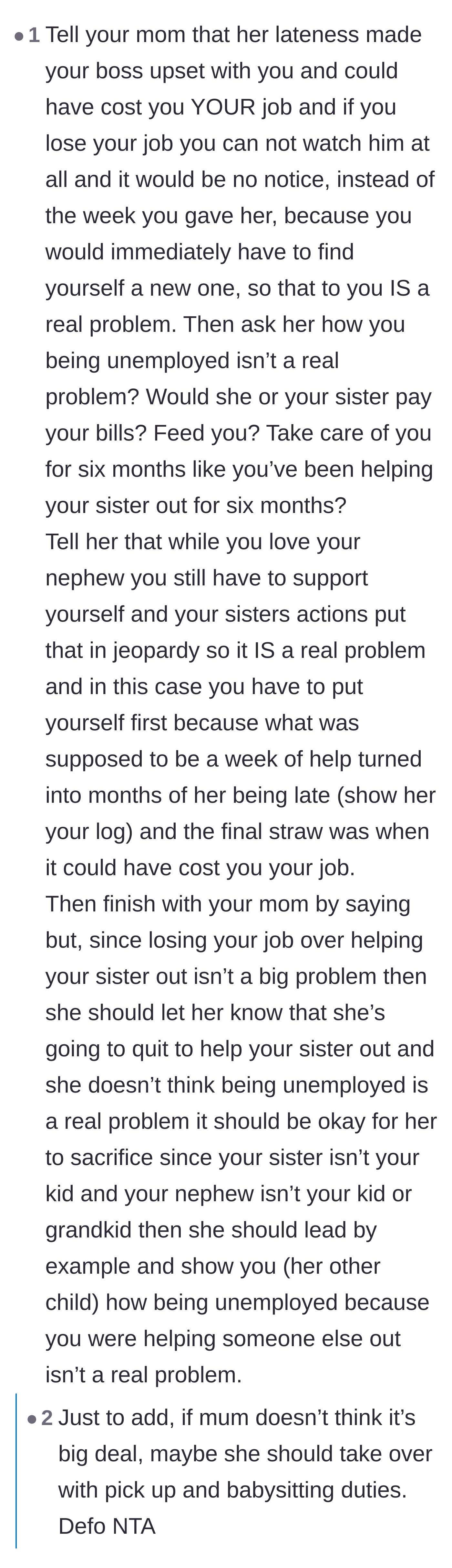 Comment thread 6 - Strategic advice on how to confront the enabling mother by highlighting the risk to the aunt's livelihood.