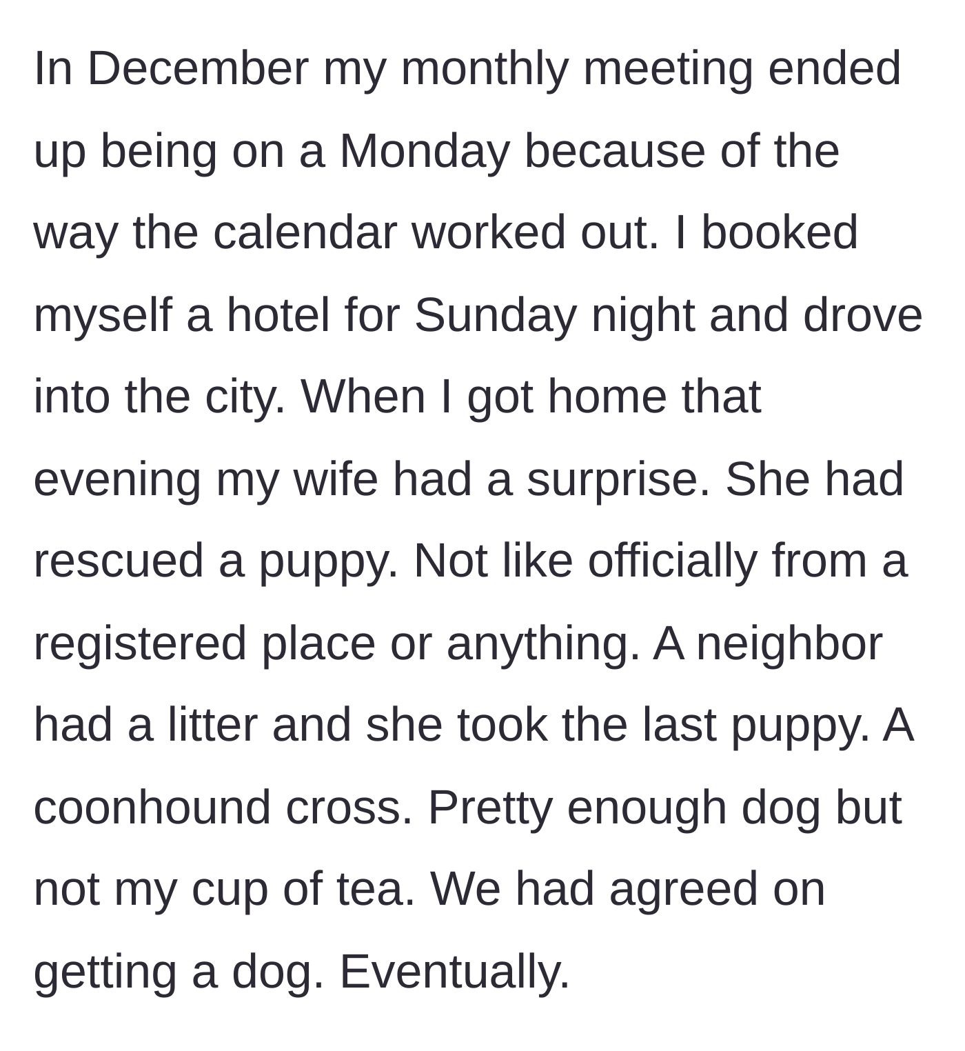 Story part 2 - The husband returns from a business trip to discover his wife brought home a surprise coonhound puppy