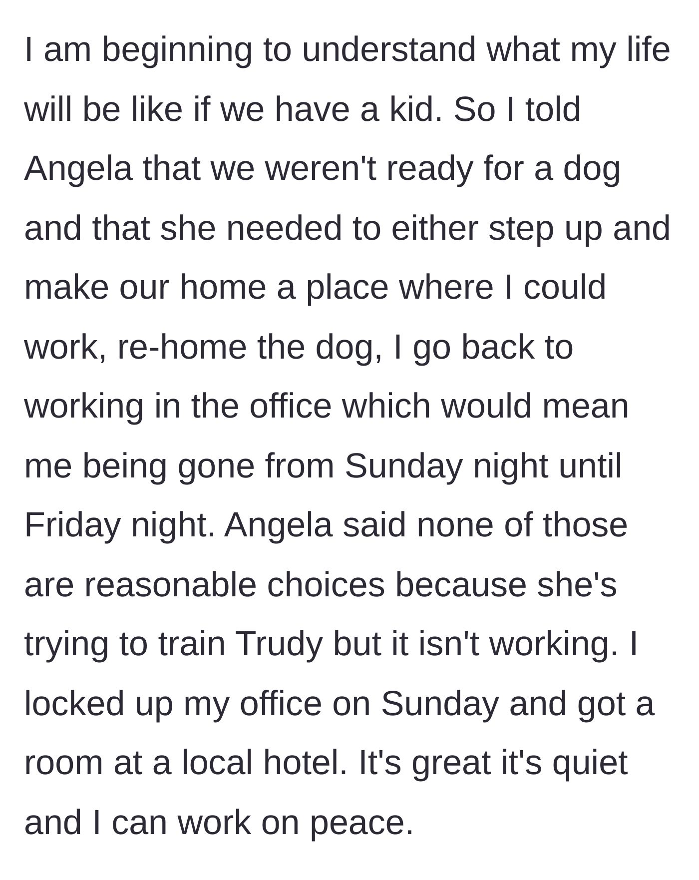Story part 6 - The husband delivers an ultimatum about the dog and checks himself into a local hotel to work in peace
