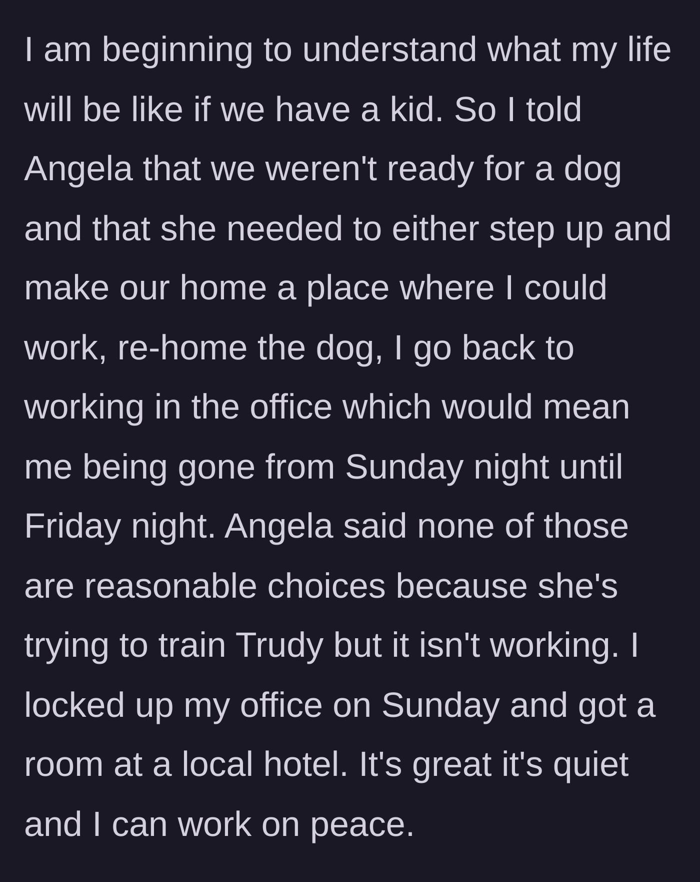 Story part 6 - The husband delivers an ultimatum about the dog and checks himself into a local hotel to work in peace