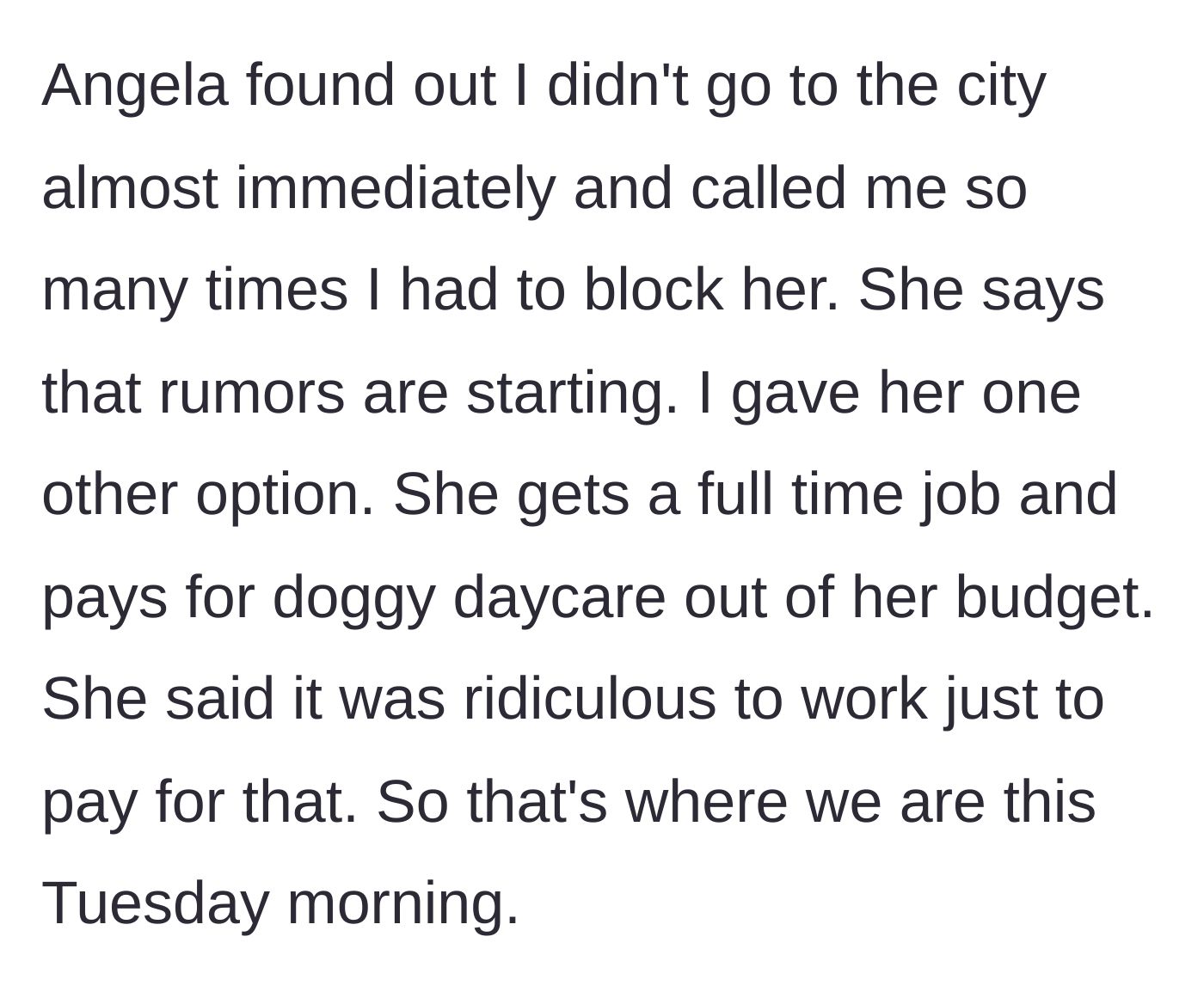 Story part 7 - The wife discovers the hotel stay, panics about rumors, and rejects the idea of working full-time for doggy daycare