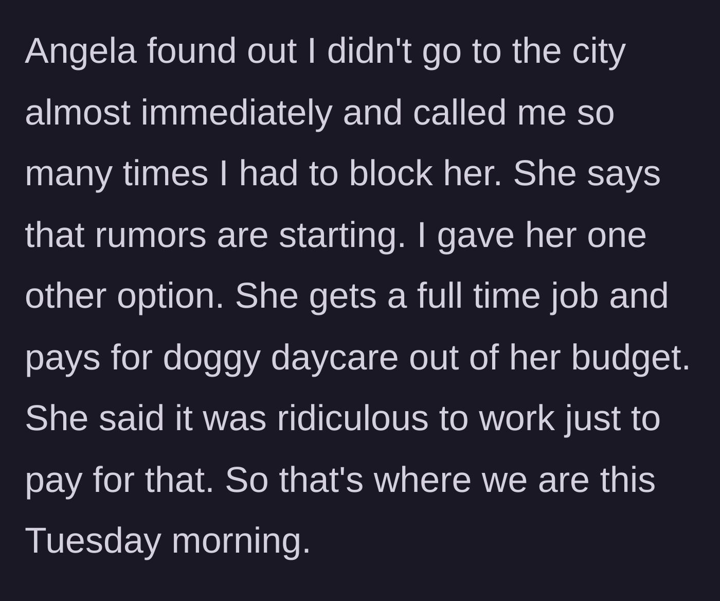 Story part 7 - The wife discovers the hotel stay, panics about rumors, and rejects the idea of working full-time for doggy daycare