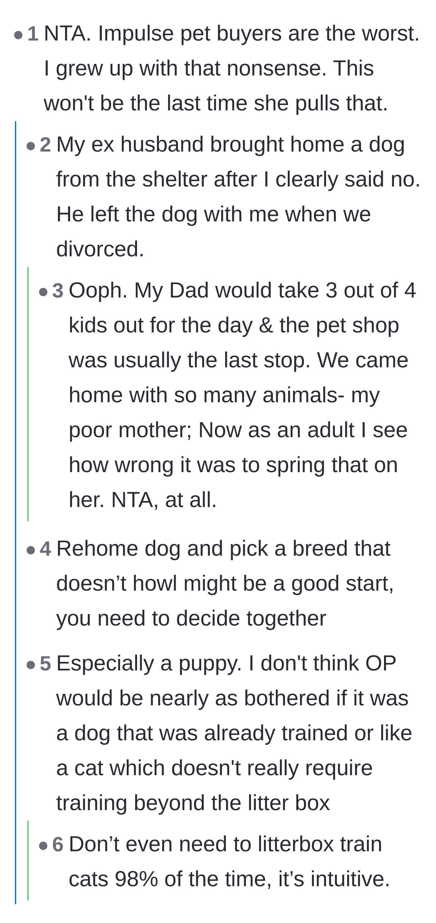 Comment thread 1 - Readers sharing traumatic childhood stories of impulse pet buyers and chaotic households