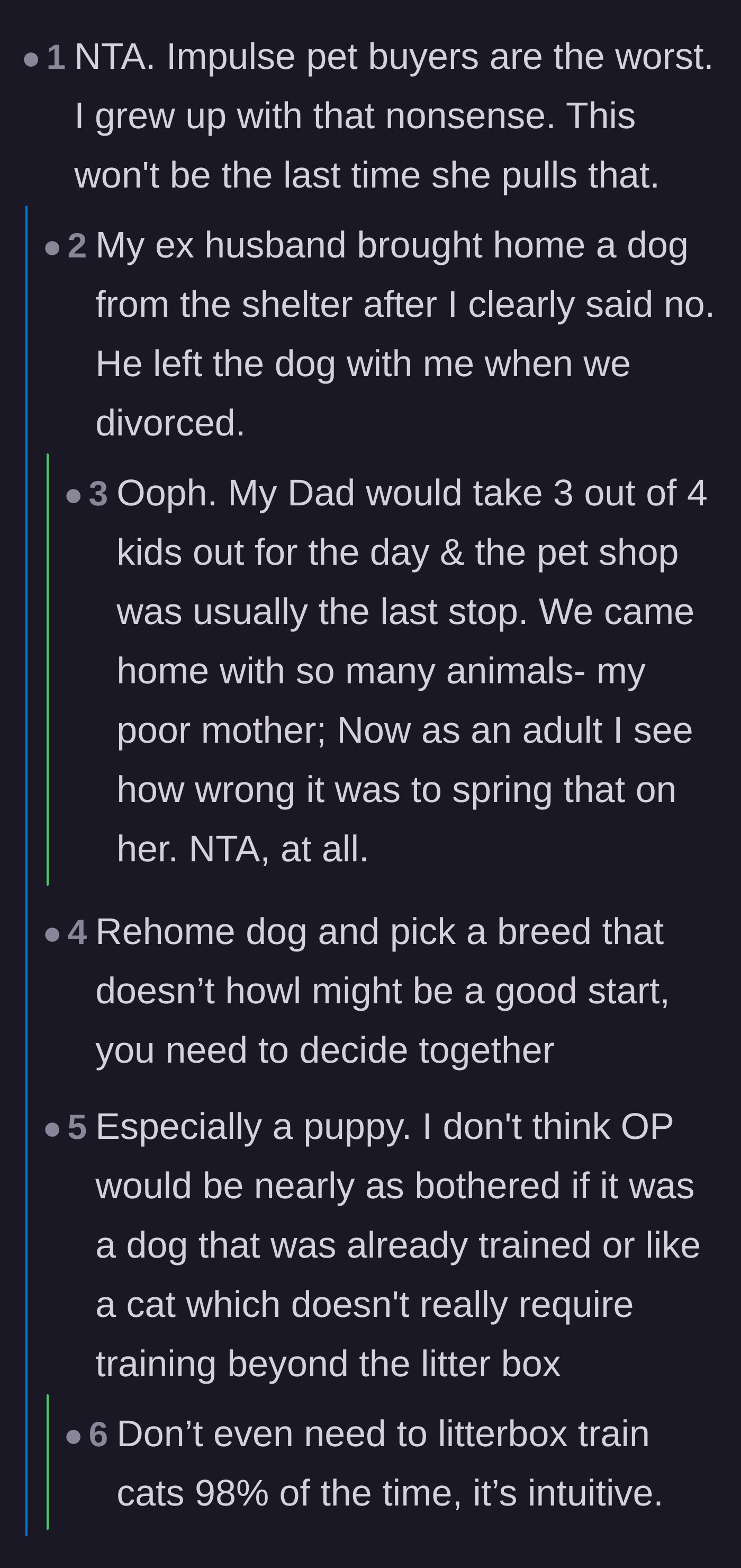 Comment thread 1 - Readers sharing traumatic childhood stories of impulse pet buyers and chaotic households