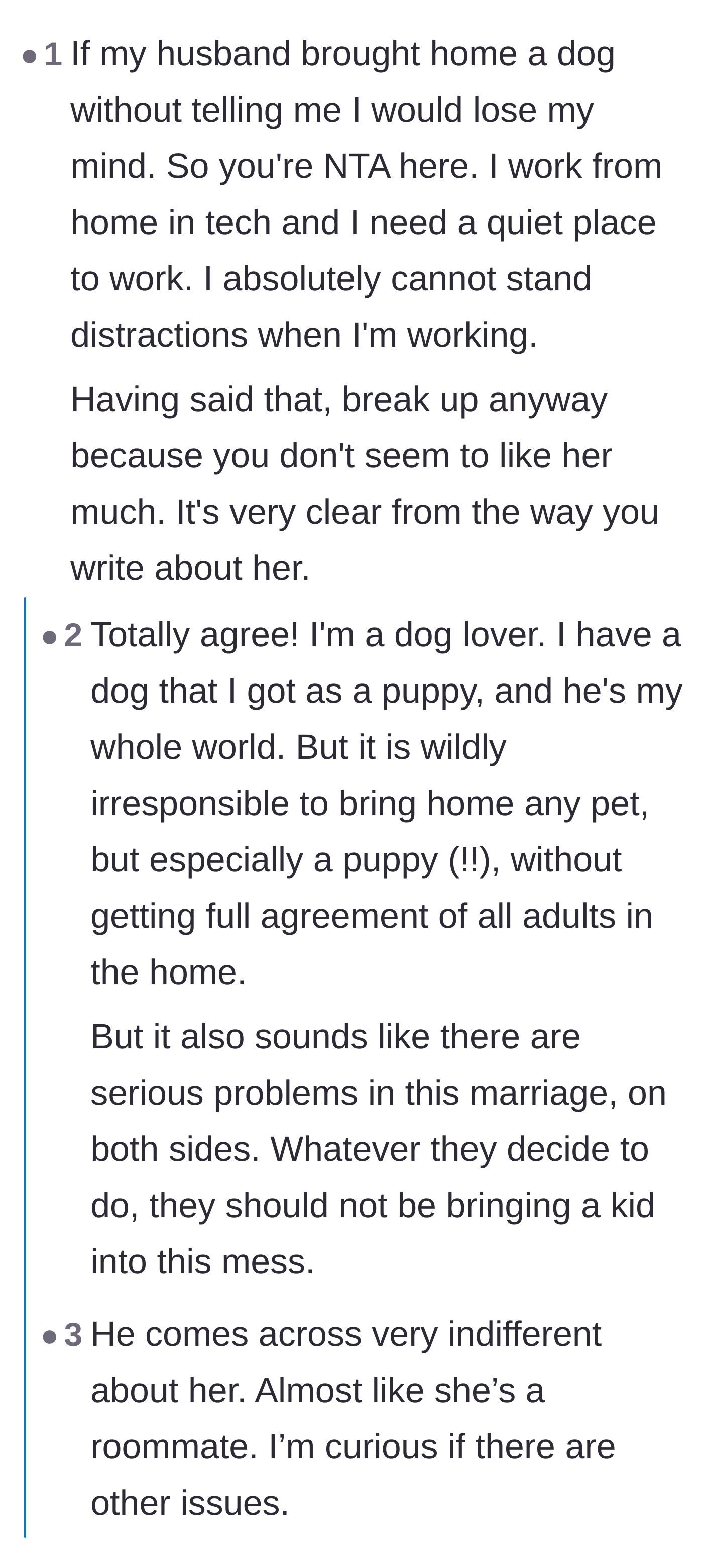 Comment thread 2 - A discussion about the extreme disrespect of unilateral decisions and the lack of affection in the marriage
