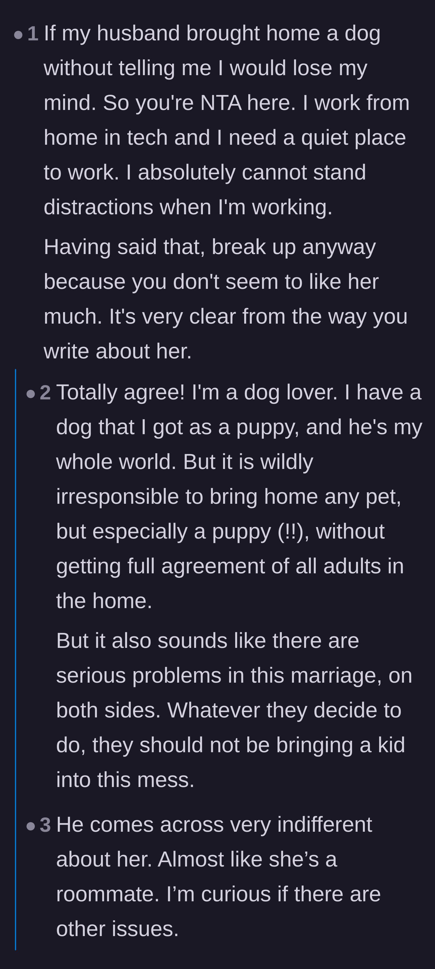 Comment thread 2 - A discussion about the extreme disrespect of unilateral decisions and the lack of affection in the marriage