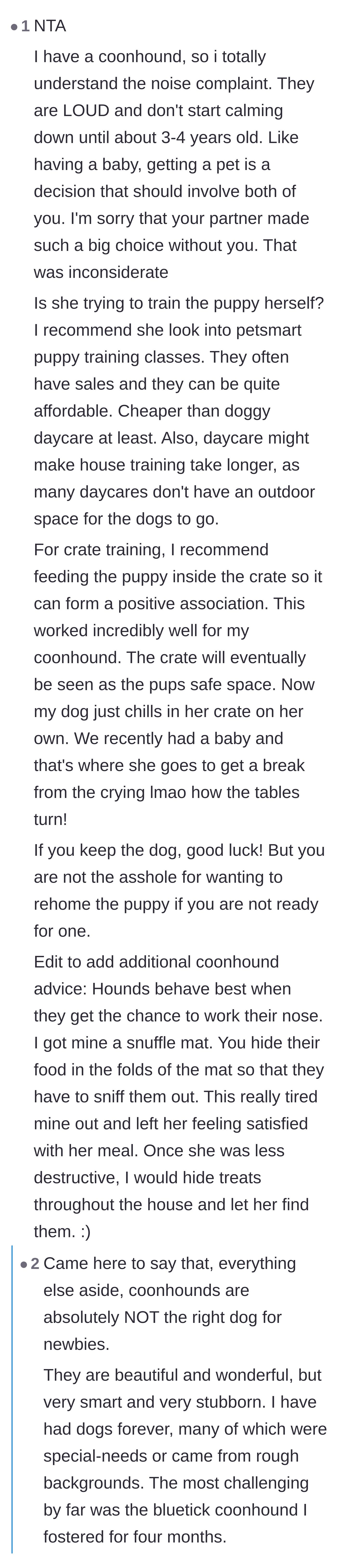 Comment thread 3 - Experienced dog owners explaining why a coonhound is the absolute worst choice for an unprepared beginner