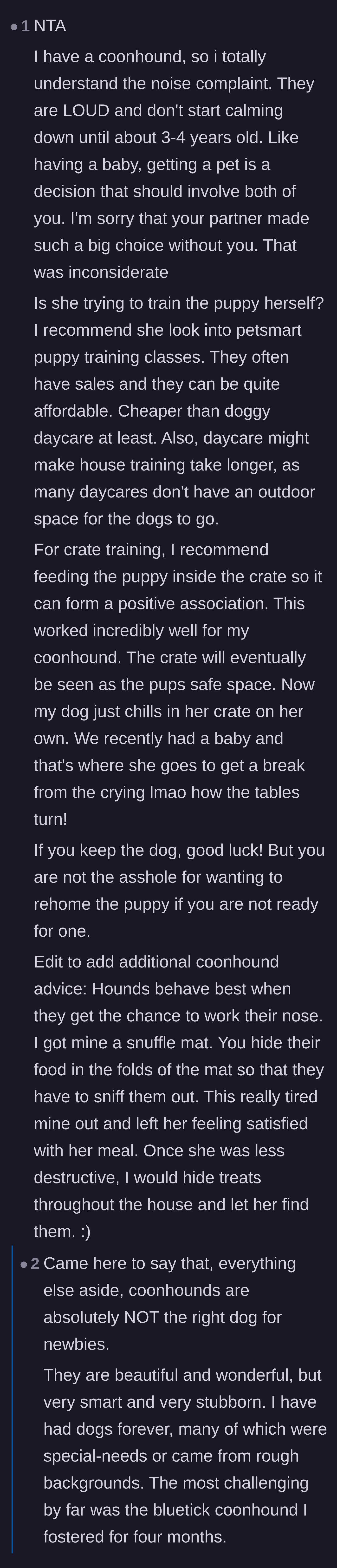Comment thread 3 - Experienced dog owners explaining why a coonhound is the absolute worst choice for an unprepared beginner