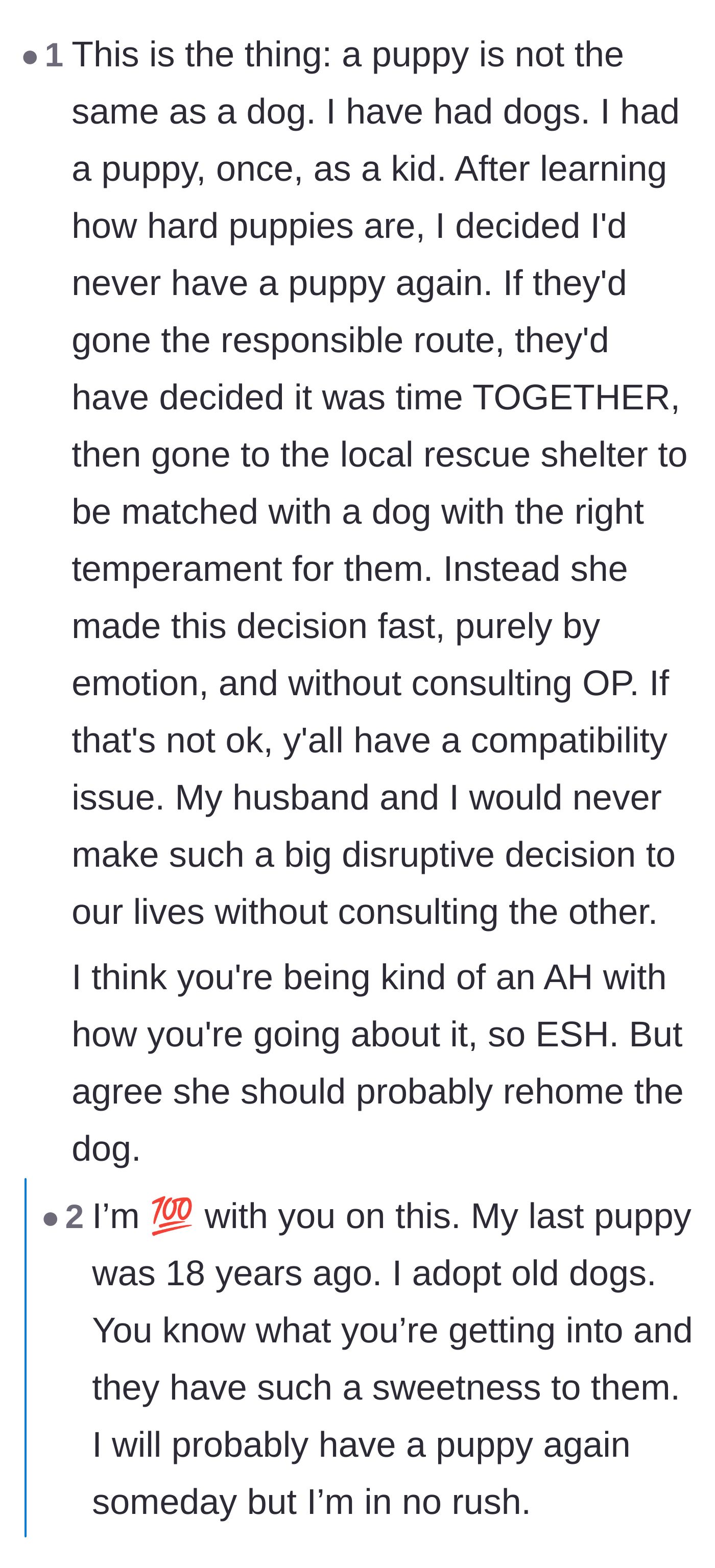 Comment thread 5 - Rescuers and pet owners debating the exhausting, unpredictable reality of raising a puppy versus adopting a senior dog