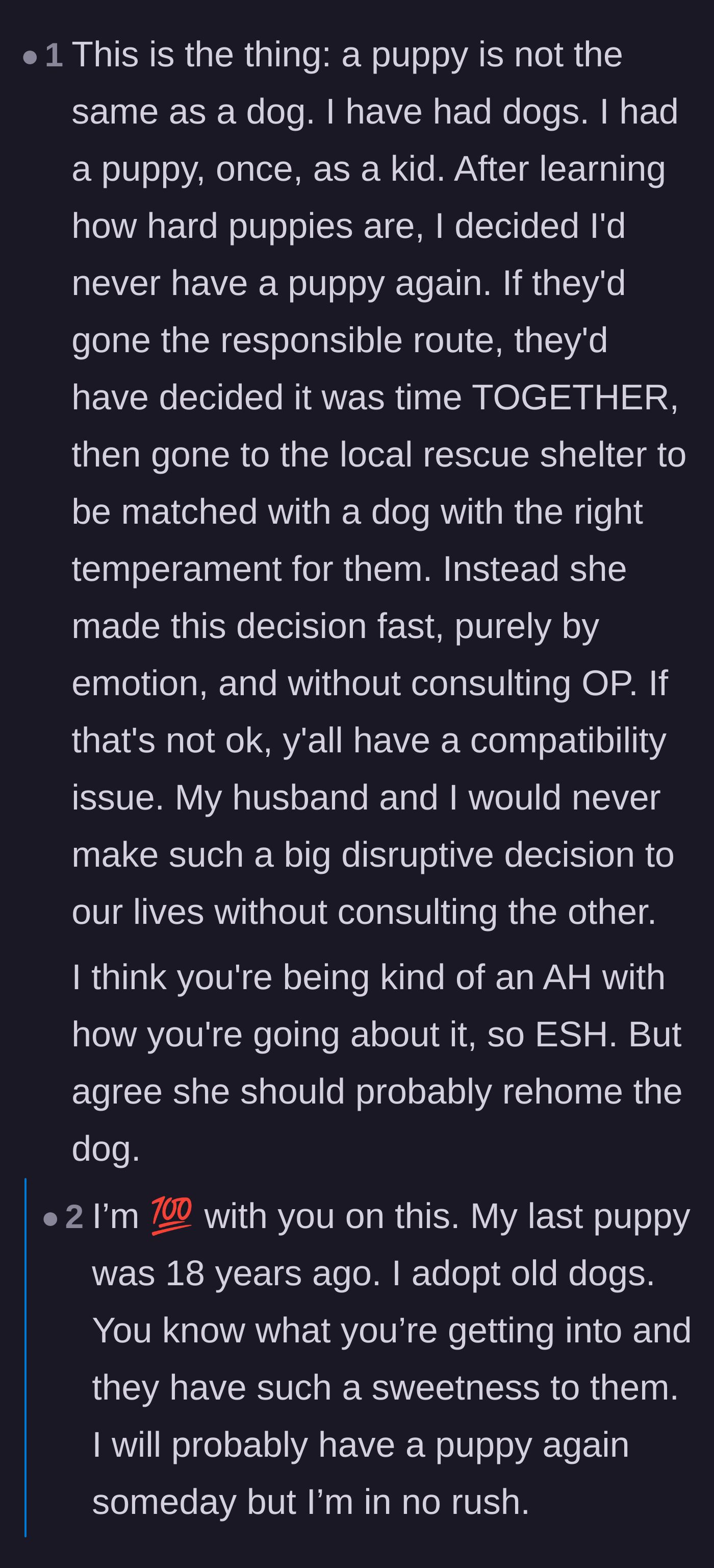 Comment thread 5 - Rescuers and pet owners debating the exhausting, unpredictable reality of raising a puppy versus adopting a senior dog