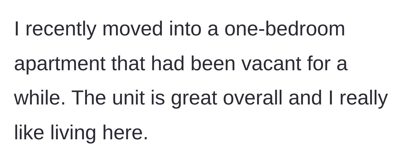 Story part 1 - A new tenant describing her recently rented, previously vacant one-bedroom apartment.