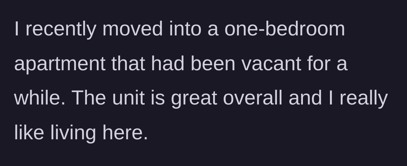 Story part 1 - A new tenant describing her recently rented, previously vacant one-bedroom apartment.