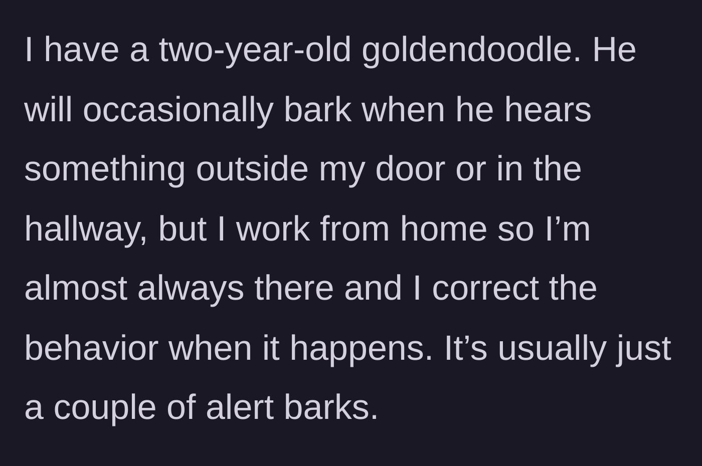 Story part 2 - A remote worker explaining her dog's mild alert barking and how she manages it.