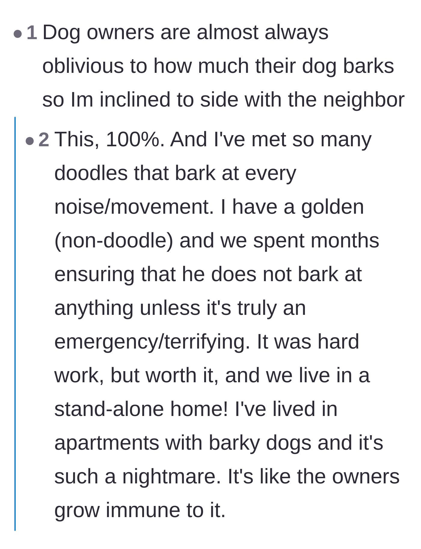 Comment thread 1 - A heated debate comparing dog owners tuning out barking to parents tuning out crying babies.
