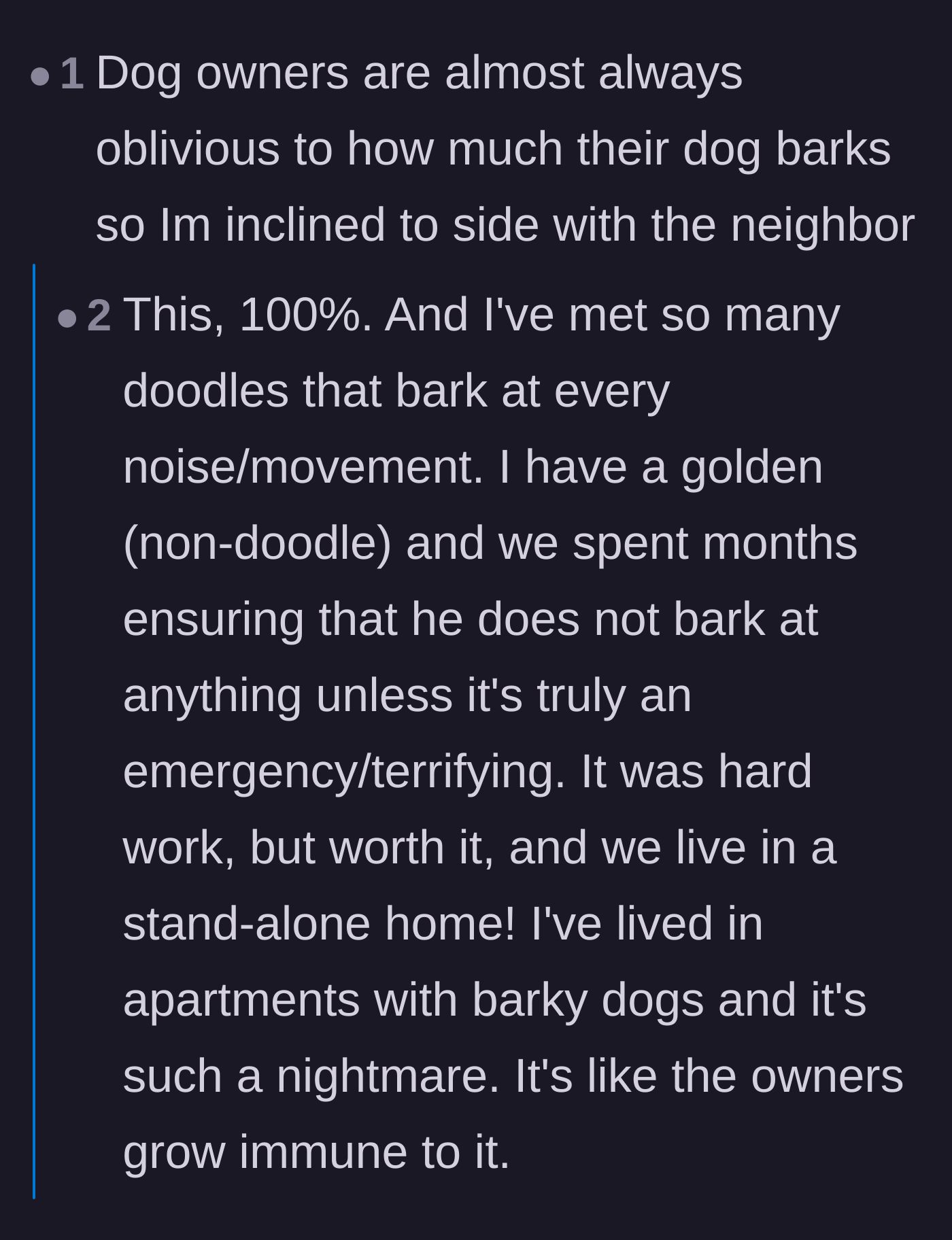 Comment thread 1 - A heated debate comparing dog owners tuning out barking to parents tuning out crying babies.
