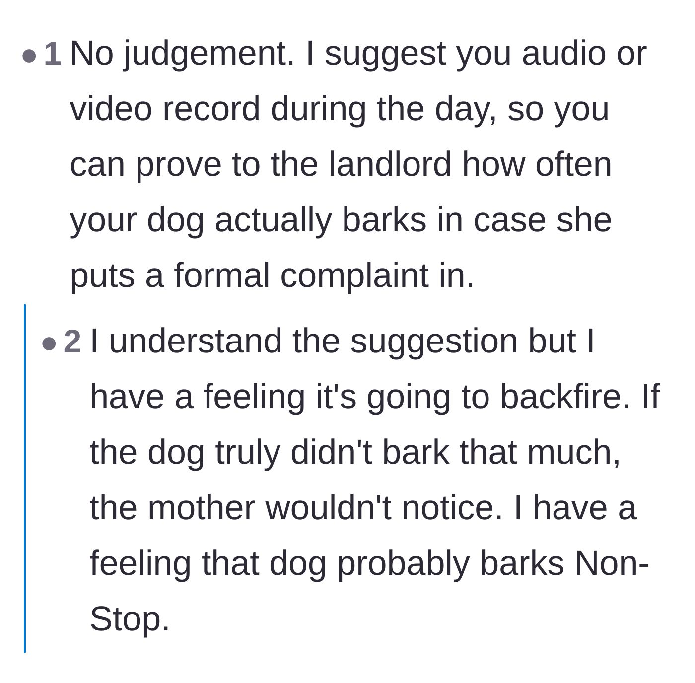 Comment thread 2 - Advice on setting up a pet camera to gather evidence of the dog's silence.
