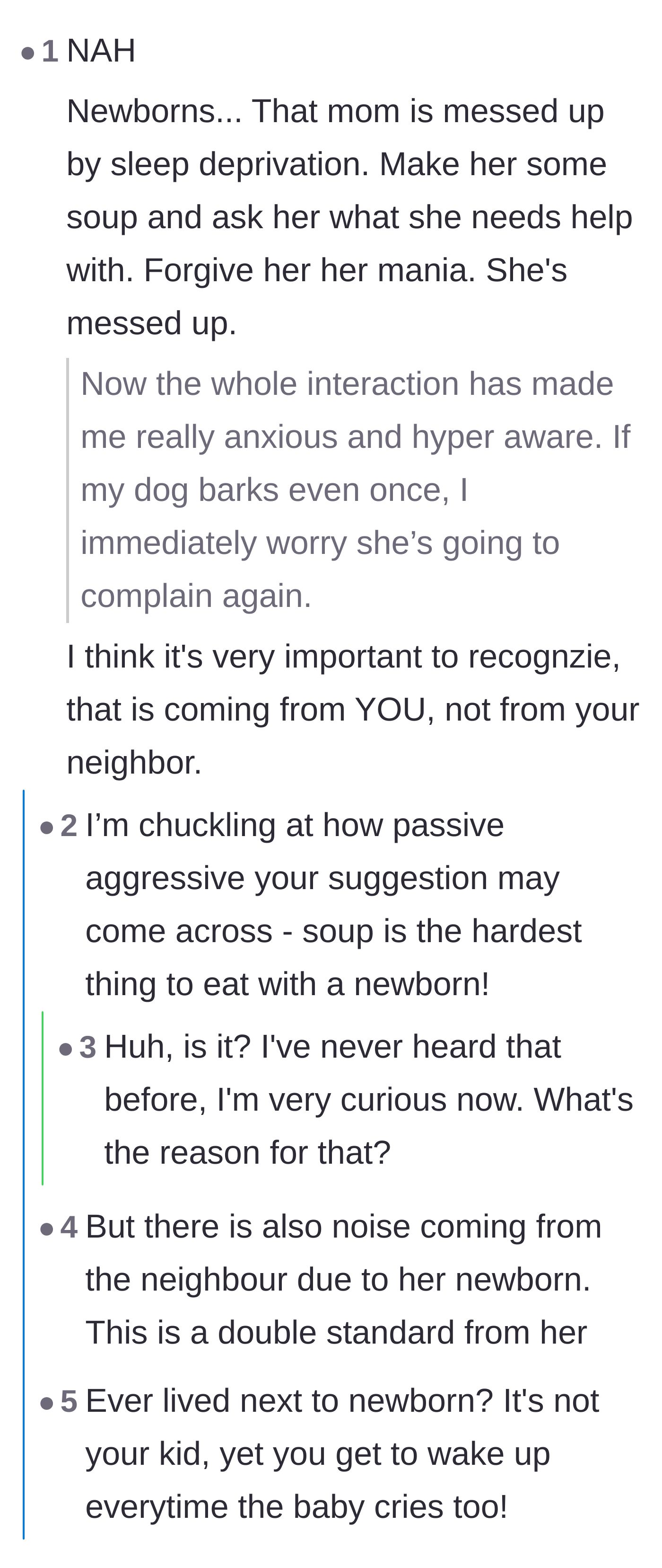 Comment thread 4 - Readers emphasizing the mother's sleep deprivation and debating the logistics of bringing her soup.