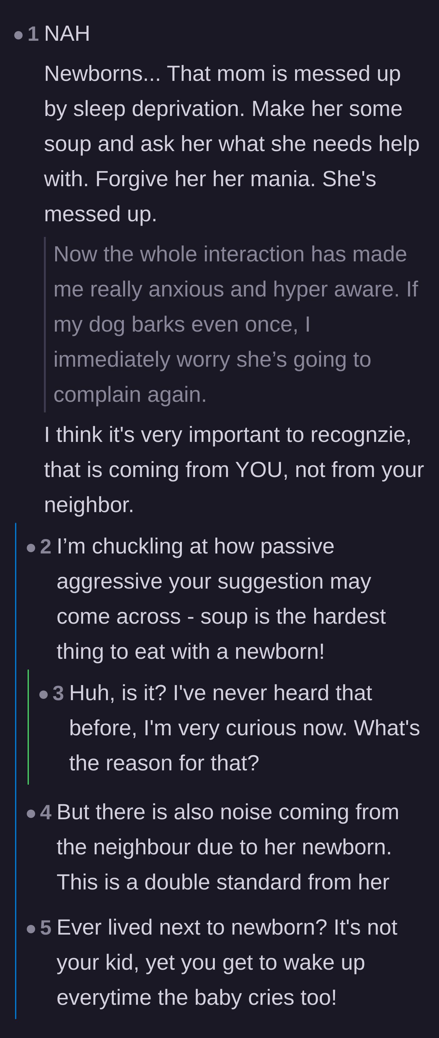 Comment thread 4 - Readers emphasizing the mother's sleep deprivation and debating the logistics of bringing her soup.
