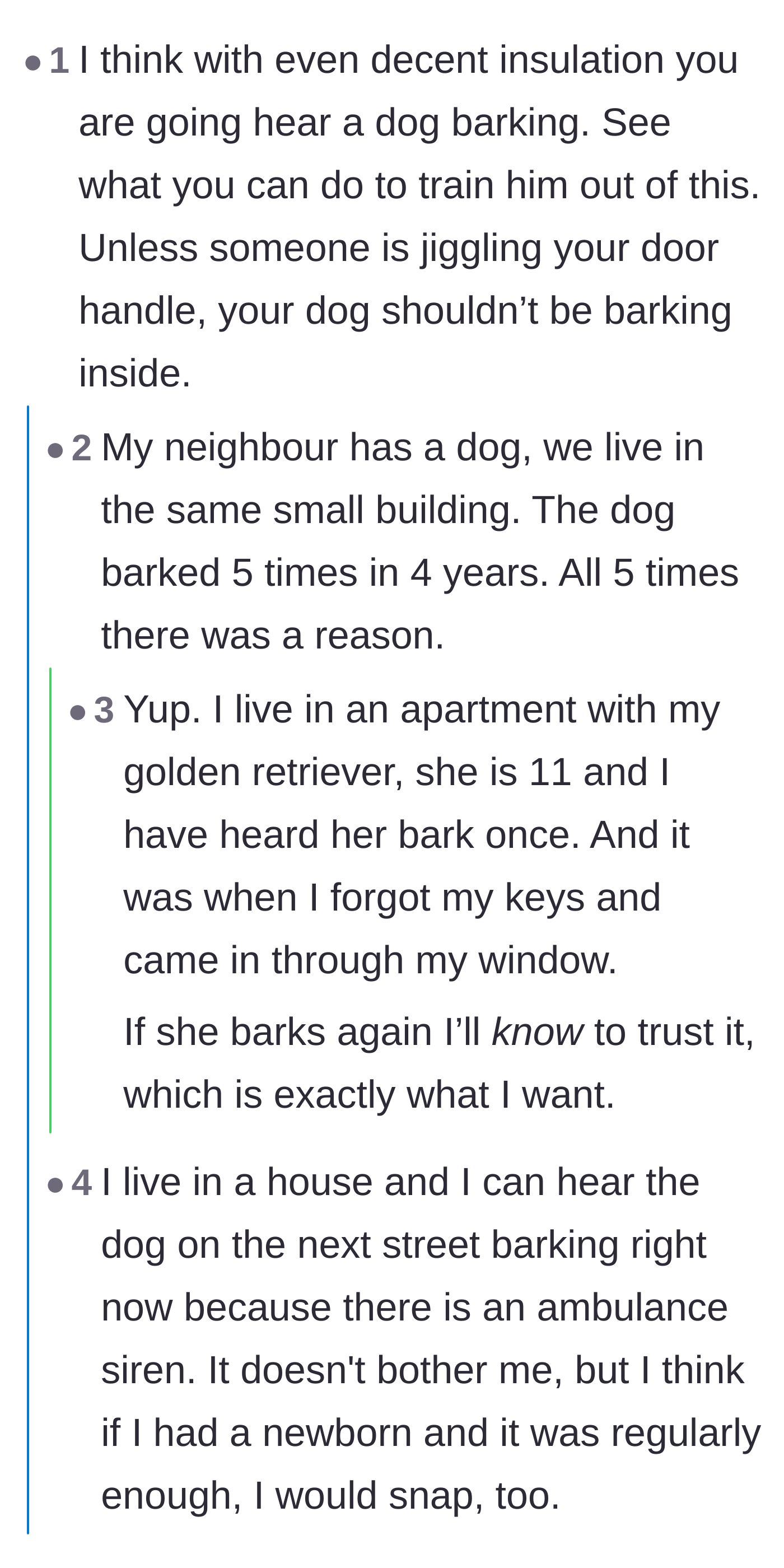 Comment thread 6 - Strict arguments stating that apartment dogs should be trained not to bark unless there is an emergency.