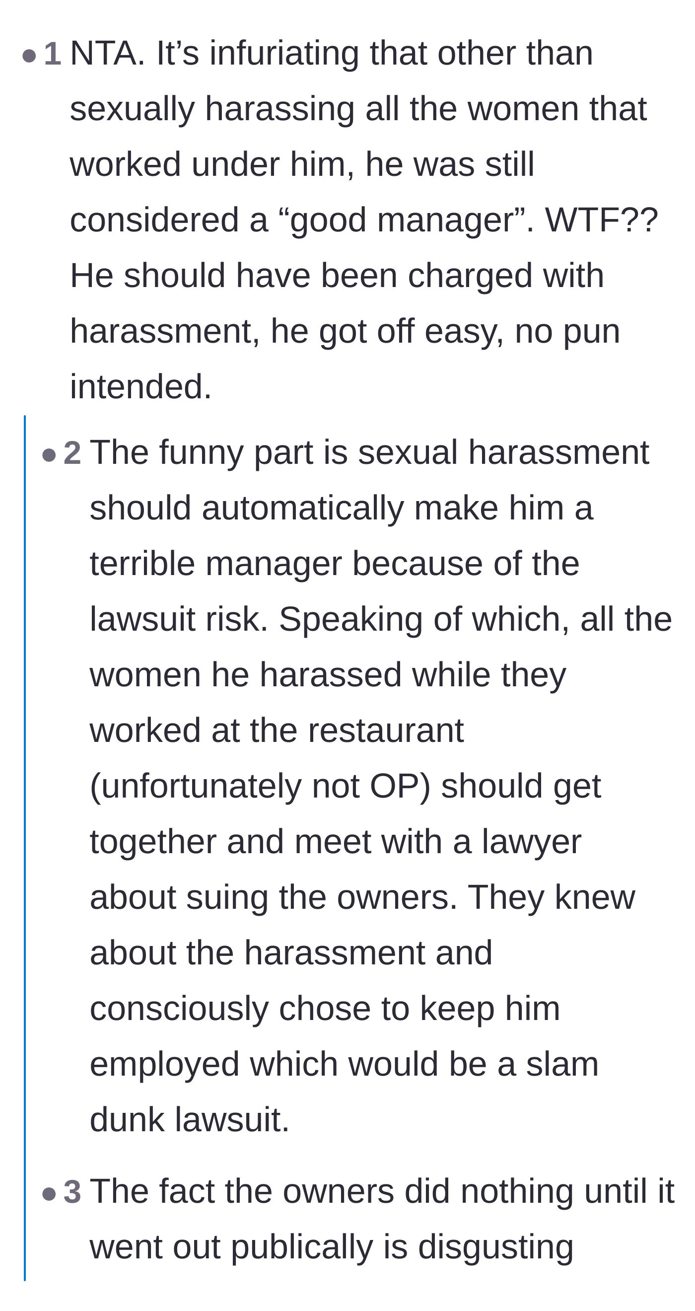Comment thread 3 - Highlighting the absurdity of the owner defending the manager's business skills despite the harassment.