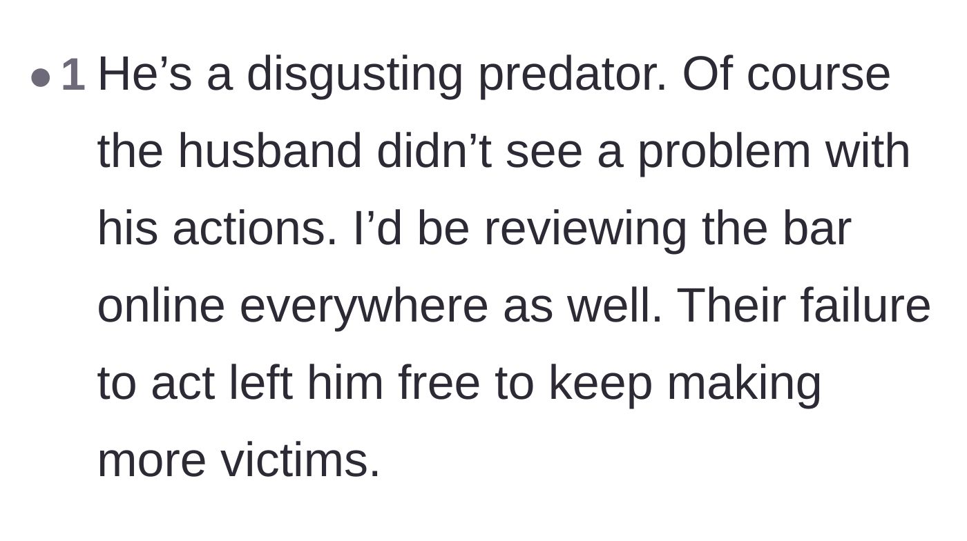 Comment thread 5 - Calling out the male owner's complicity and suggesting public reviews for the restaurant itself.
