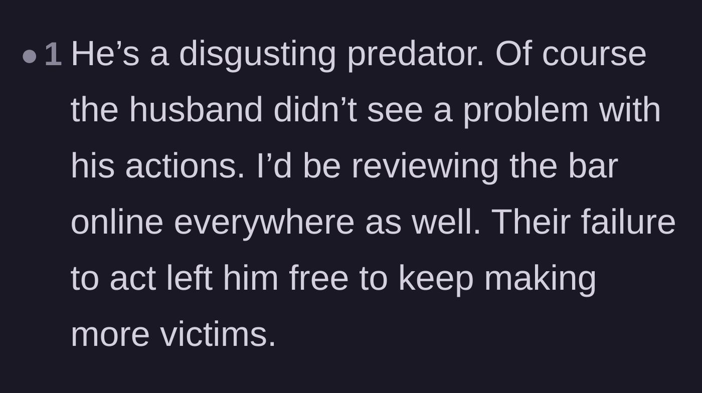 Comment thread 5 - Calling out the male owner's complicity and suggesting public reviews for the restaurant itself.