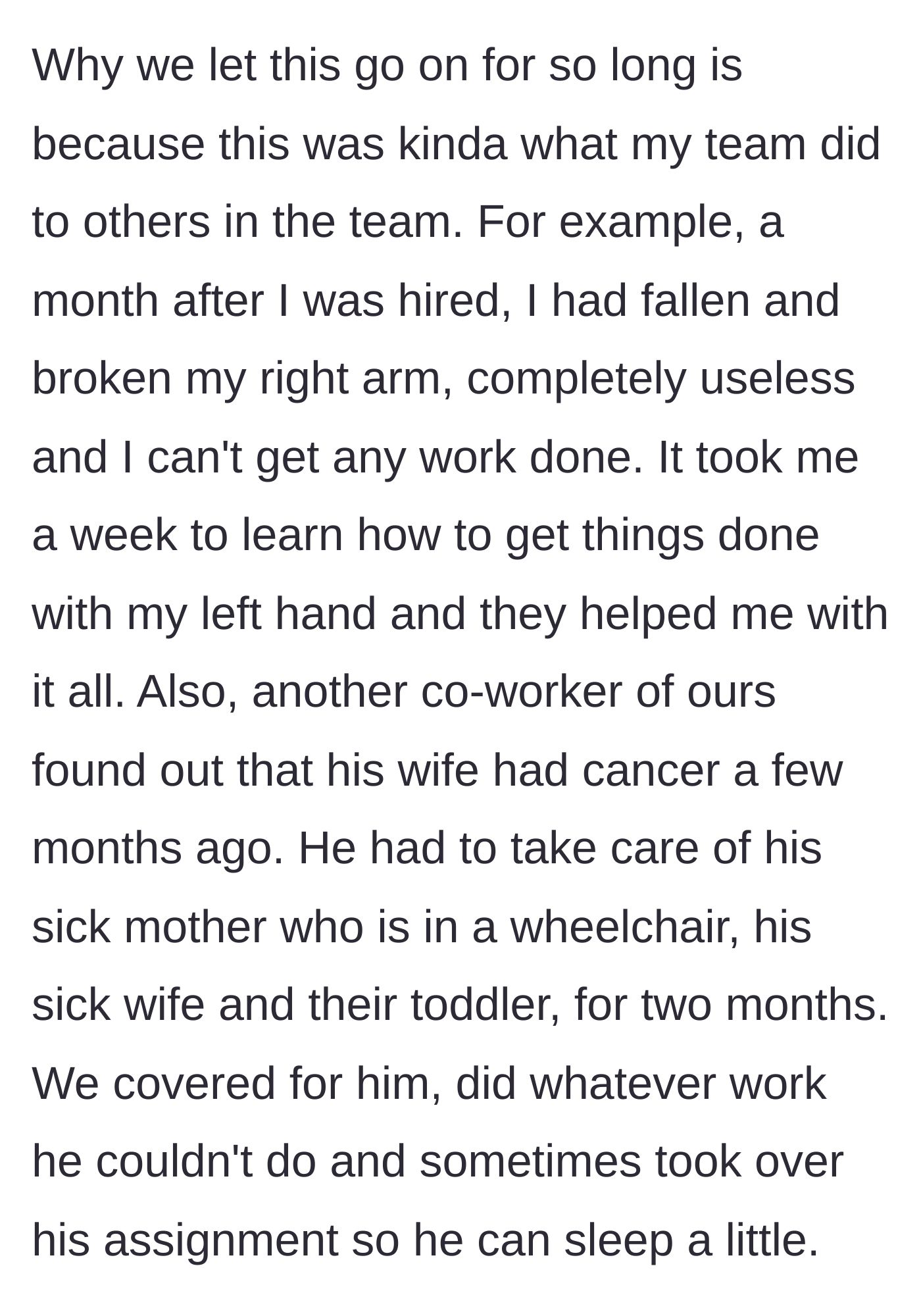 Story part 2 - Detailing past instances where the team covered for legitimate medical emergencies.