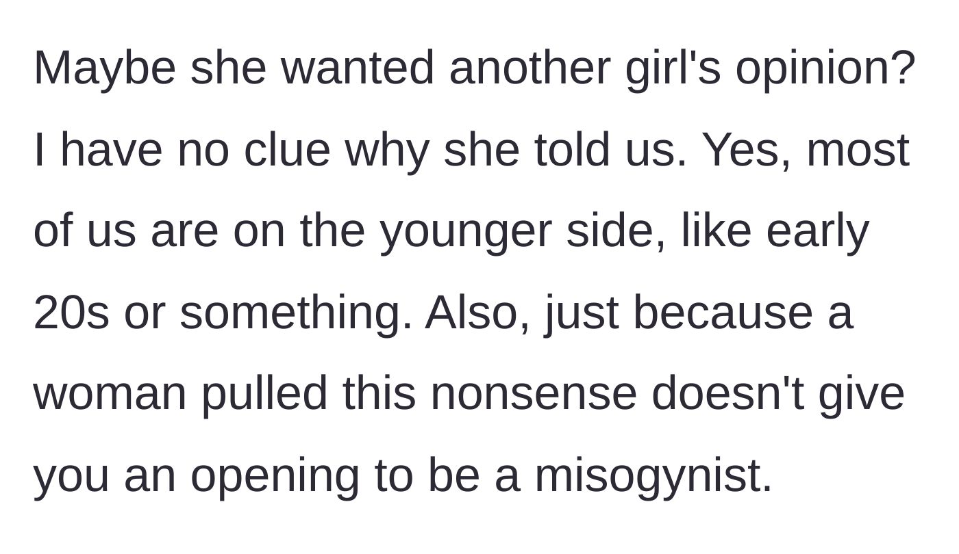Story part 4 - Speculating on the coworker's motives and shutting down sexist internet comments.