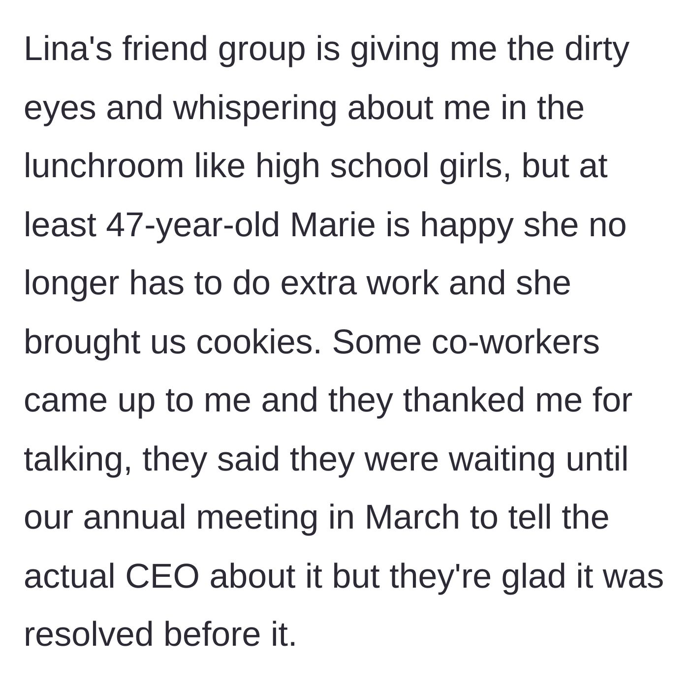 Story part 6 - The office clique sulking while older coworkers celebrate with baked goods.
